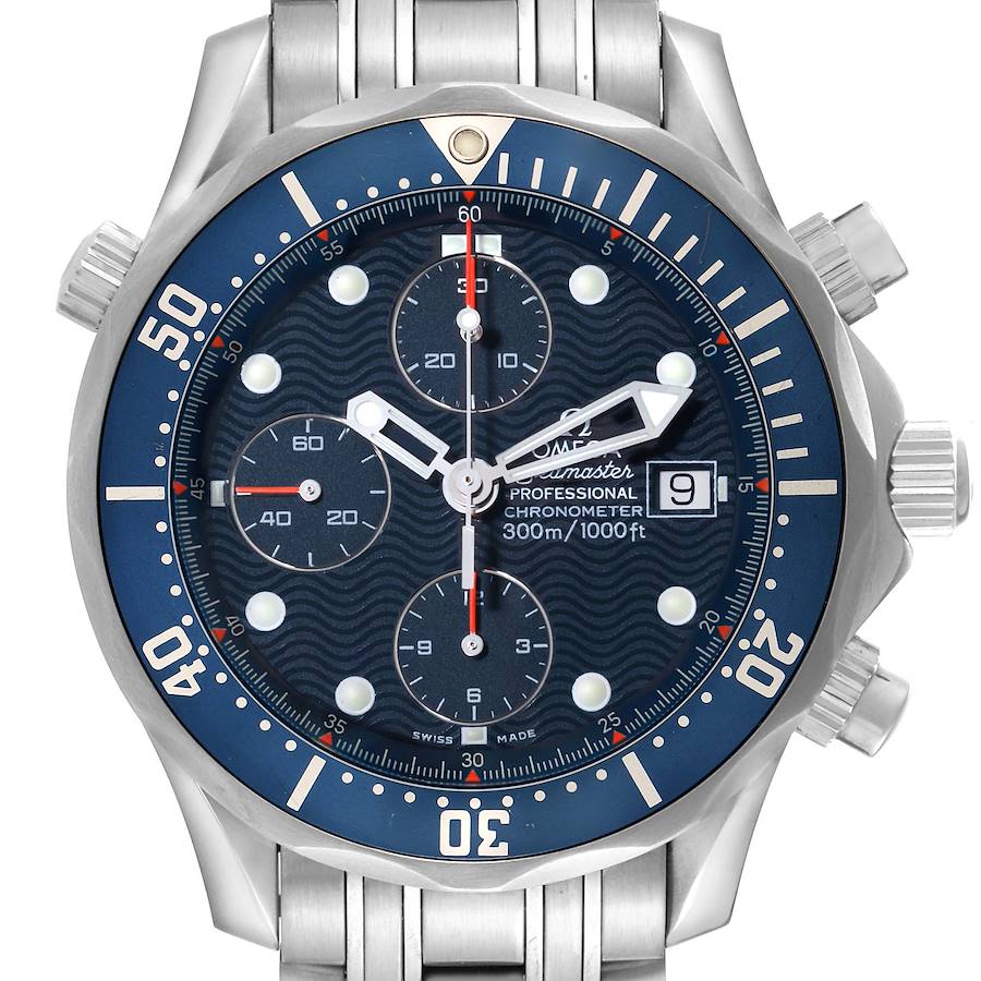 The Omega Seamaster model 2599.80.00 is shown from a top angle, displaying the watch face, bezel, and part of the stainless steel bracelet.