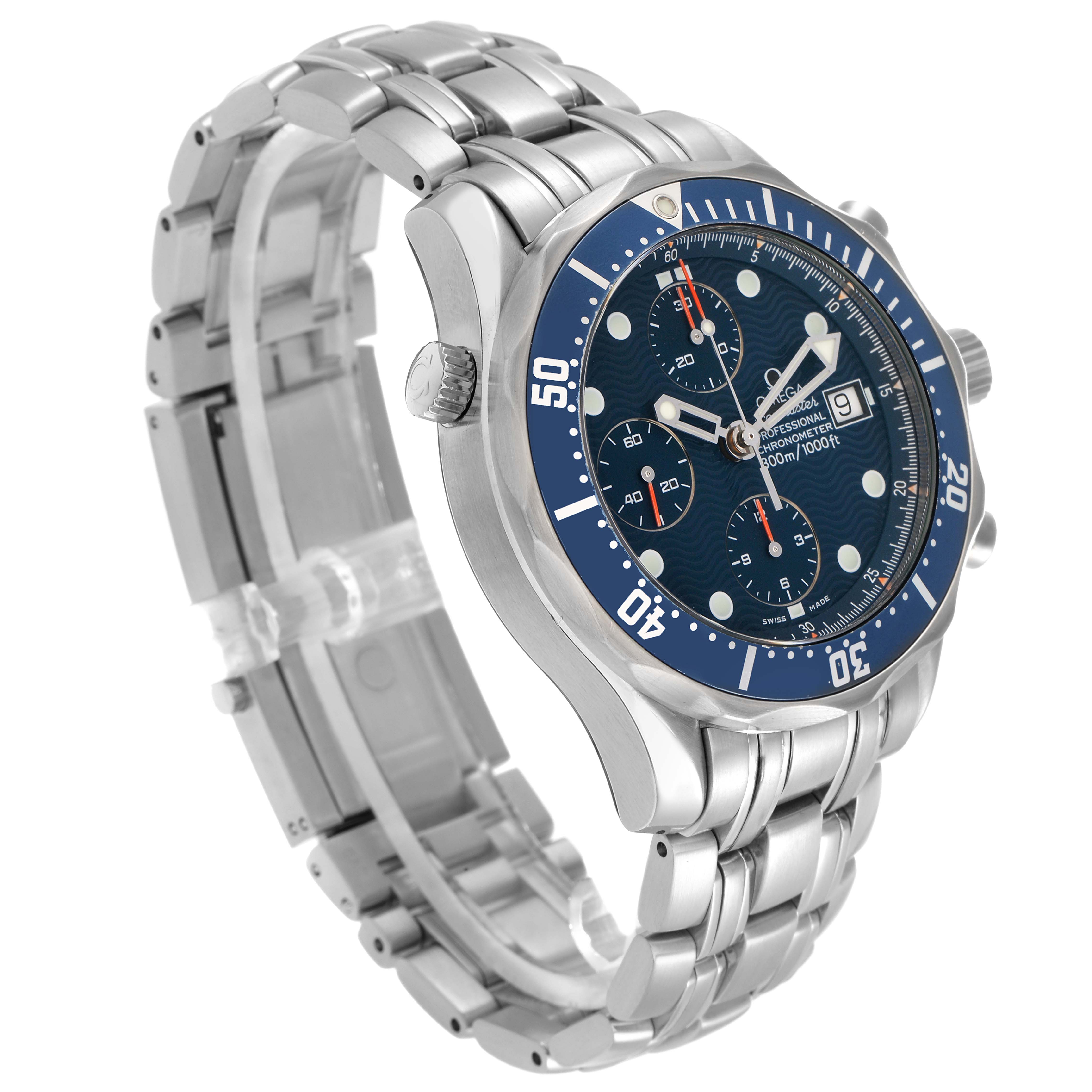 The Omega Seamaster 2599.80.00 Men
s Stainless Steel Blue Dial watch is shown at a three-quarter angle, highlighting the face, bezel, and bracelet.