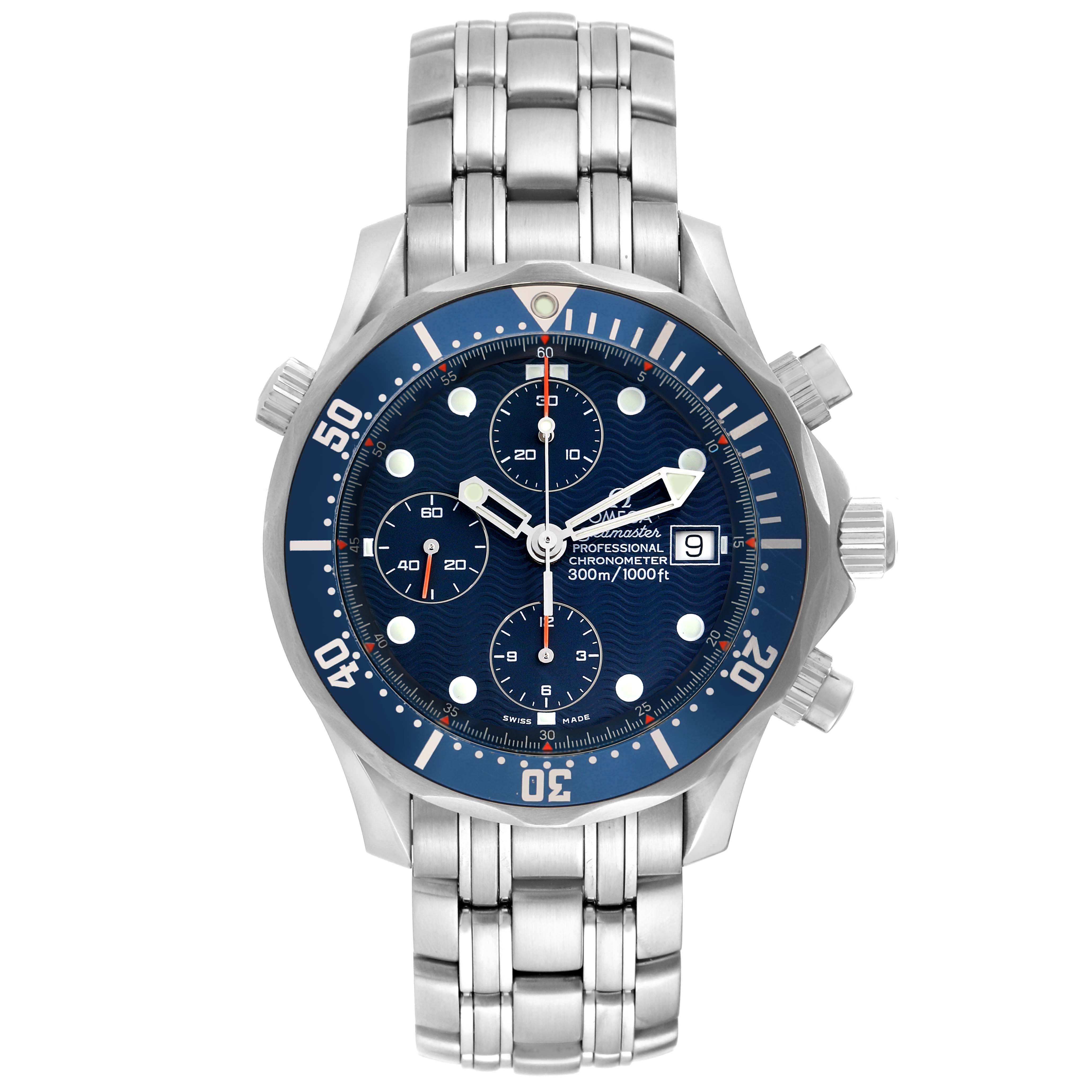 The Omega Seamaster 2599.80.00 Men
s Stainless Steel Blue Dial watch is shown from a top view, highlighting its blue dial, bezel, chronograph subdials, and metal bracelet.