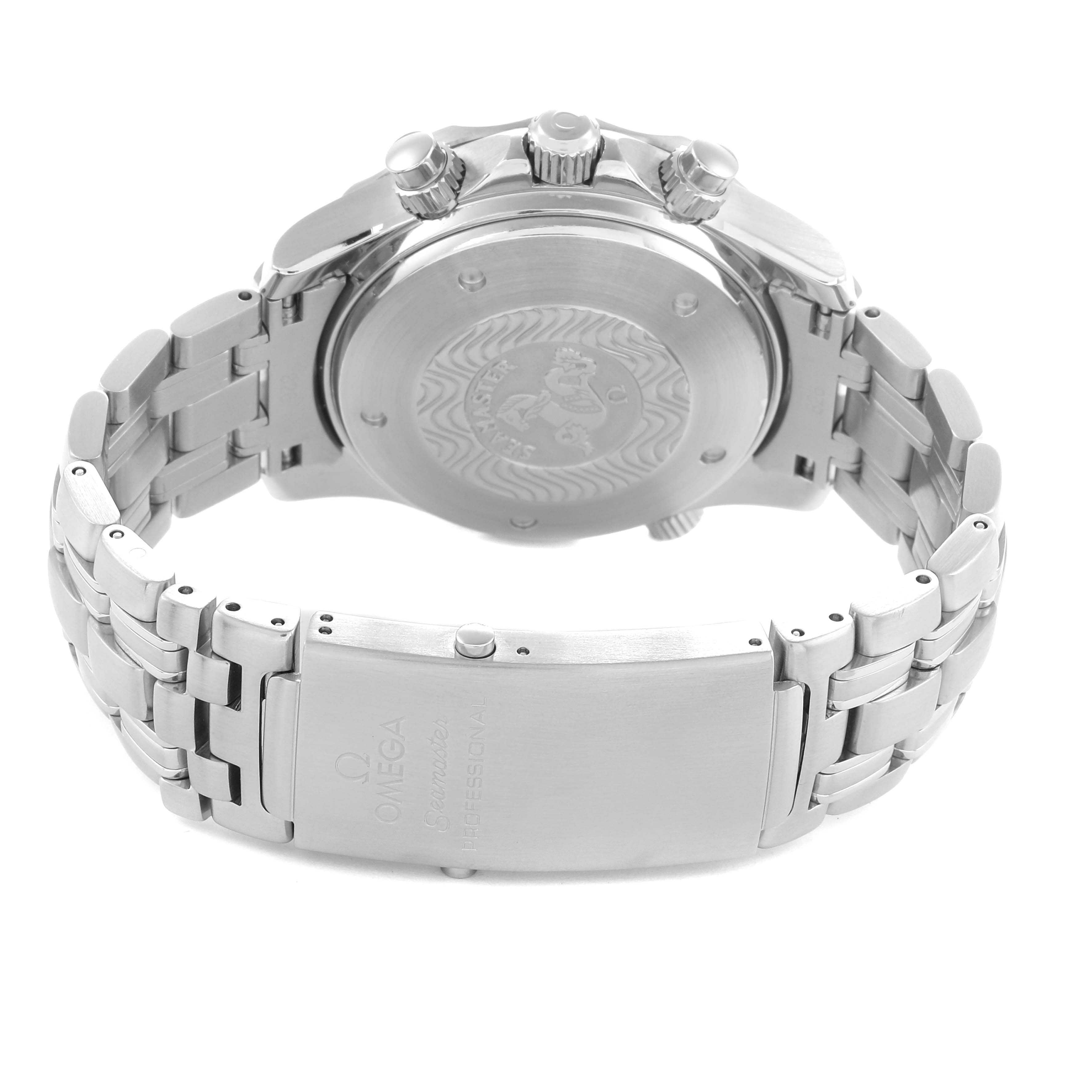 The image shows the back and side view of the Omega Seamaster 2599.80.00 Men
s Stainless Steel Blue Dial, highlighting the case back, bracelet, and clasp.