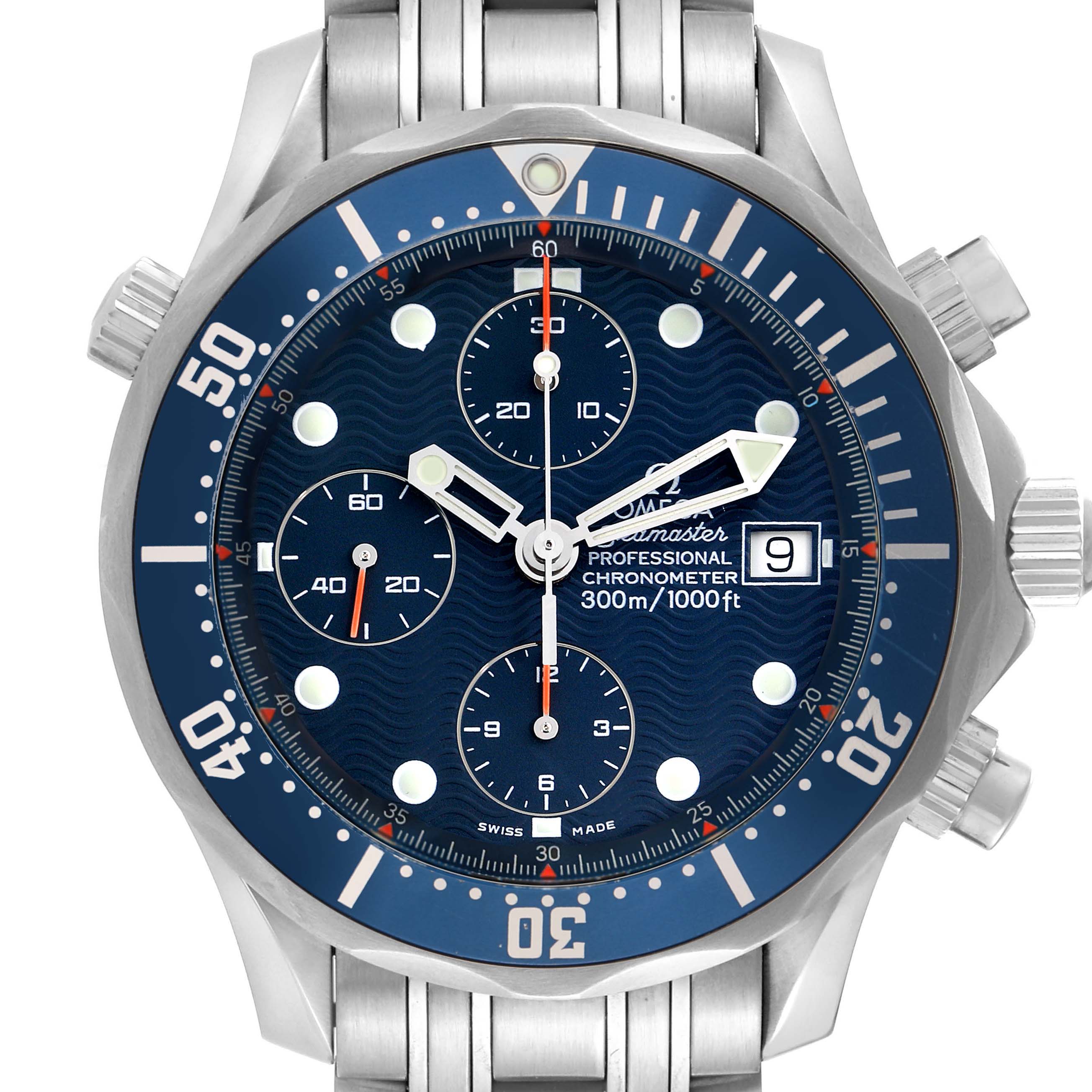 The Omega Seamaster 2599.80.00 Men
s Stainless Steel Blue Dial watch is shown from a front angle, highlighting the face, bezel, subdials, date window, and bracelet.