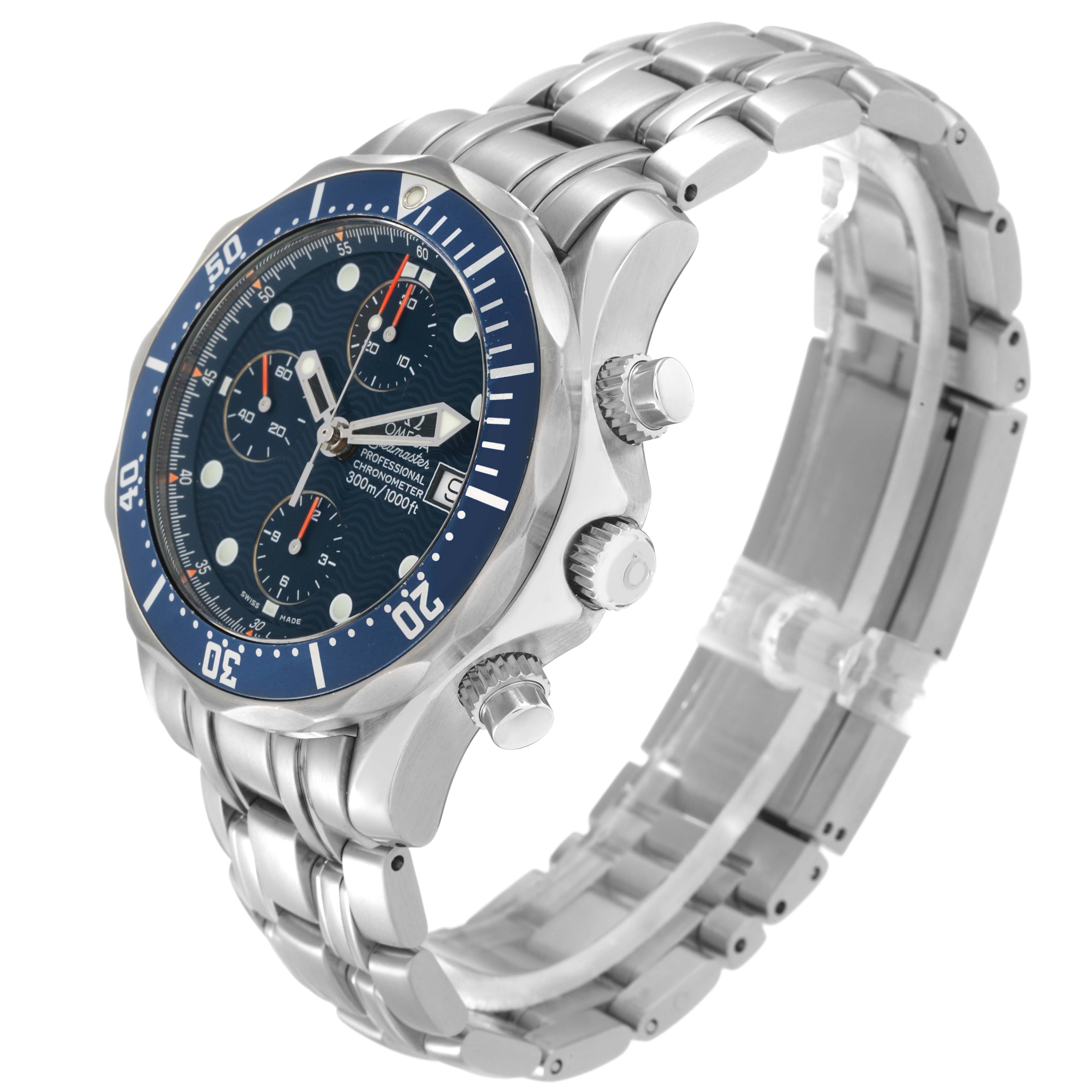 The Omega Seamaster 2599.80.00 Men
s Stainless Steel Blue Dial watch is shown at an angled side view, highlighting the face, bezel, crown, and stainless steel bracelet.
