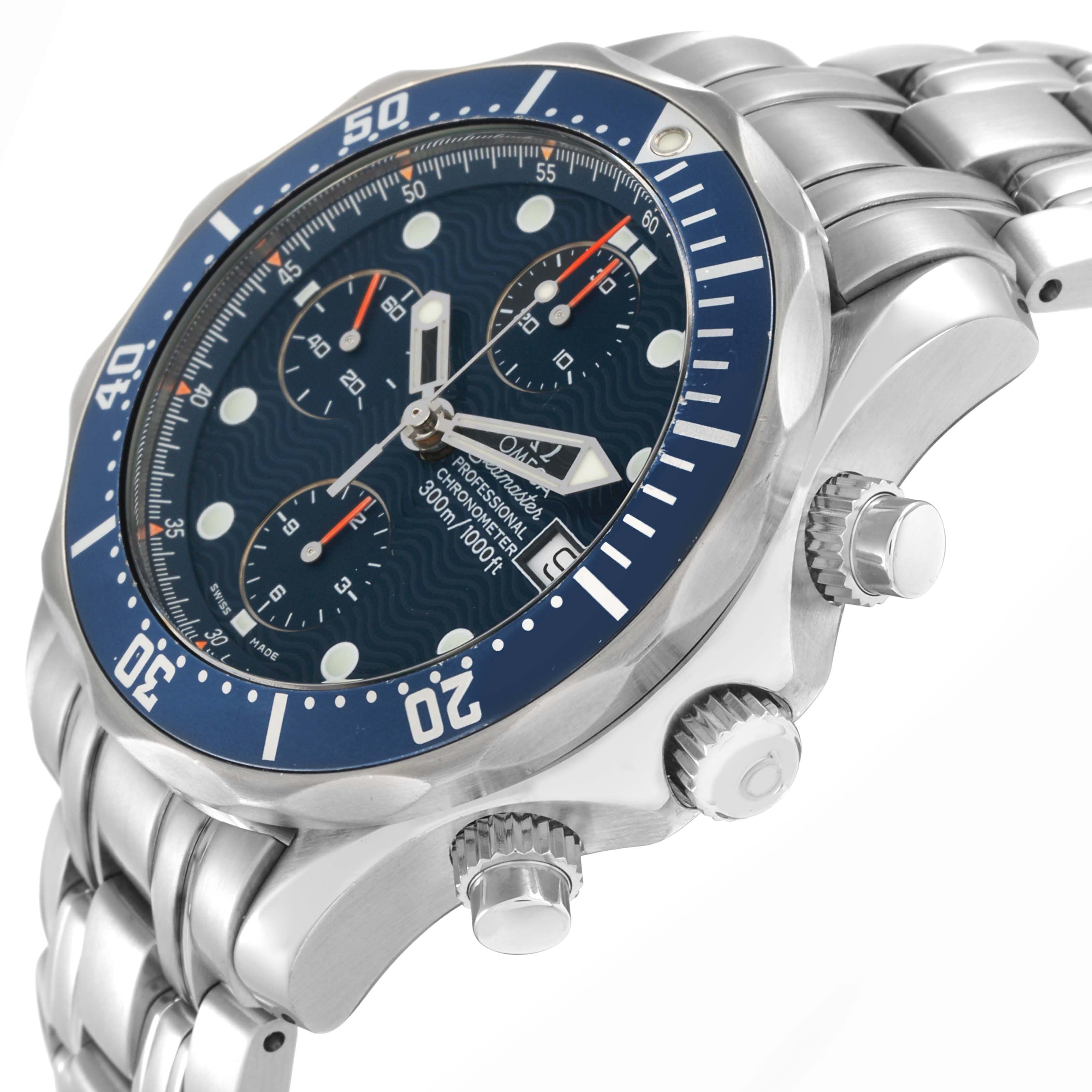 The Omega Seamaster 2599.80.00 Men
s Stainless Steel Blue Dial watch is shown at a three-quarter angle, with its bezel, chronograph dials, and bracelet visible.