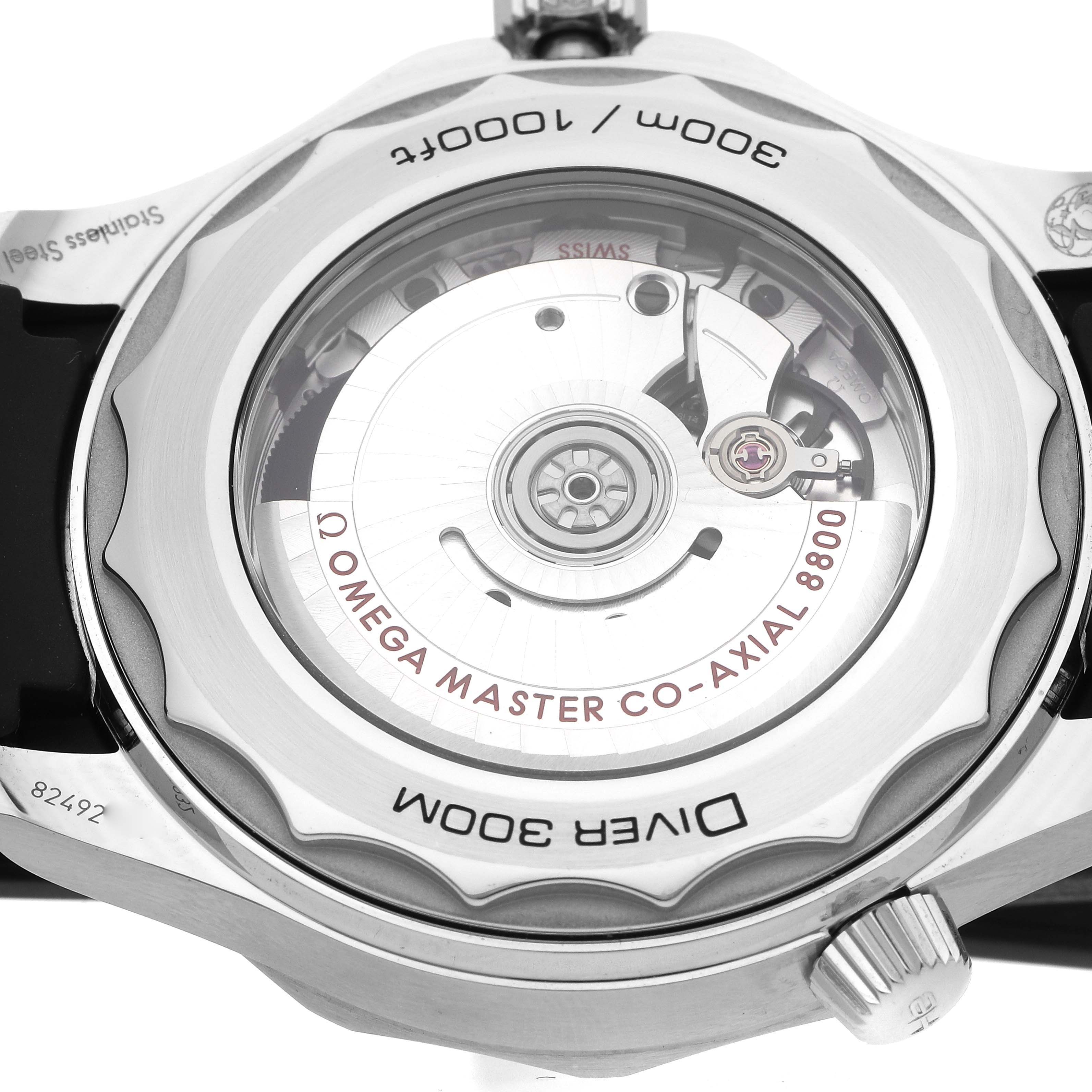 The image shows the back of the Omega Seamaster 210.32.42.20.04.001 Men
s Stainless Steel White Dial, displaying the movement and case back engravings.