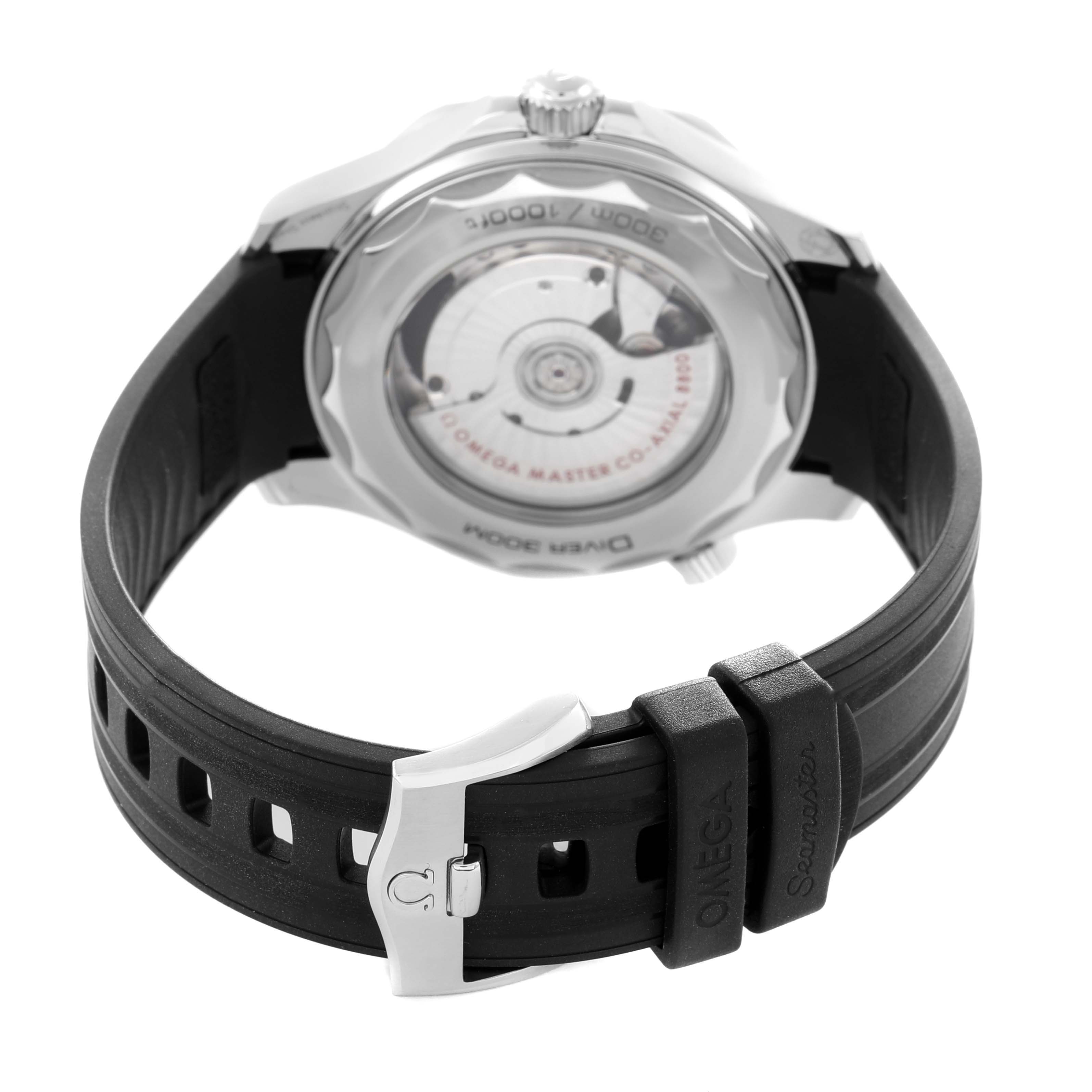 The Omega Seamaster 210.32.42.20.04.001 Men
s Stainless Steel White Dial watch is shown from the back, displaying the movement through a transparent case back and a black rubber strap.