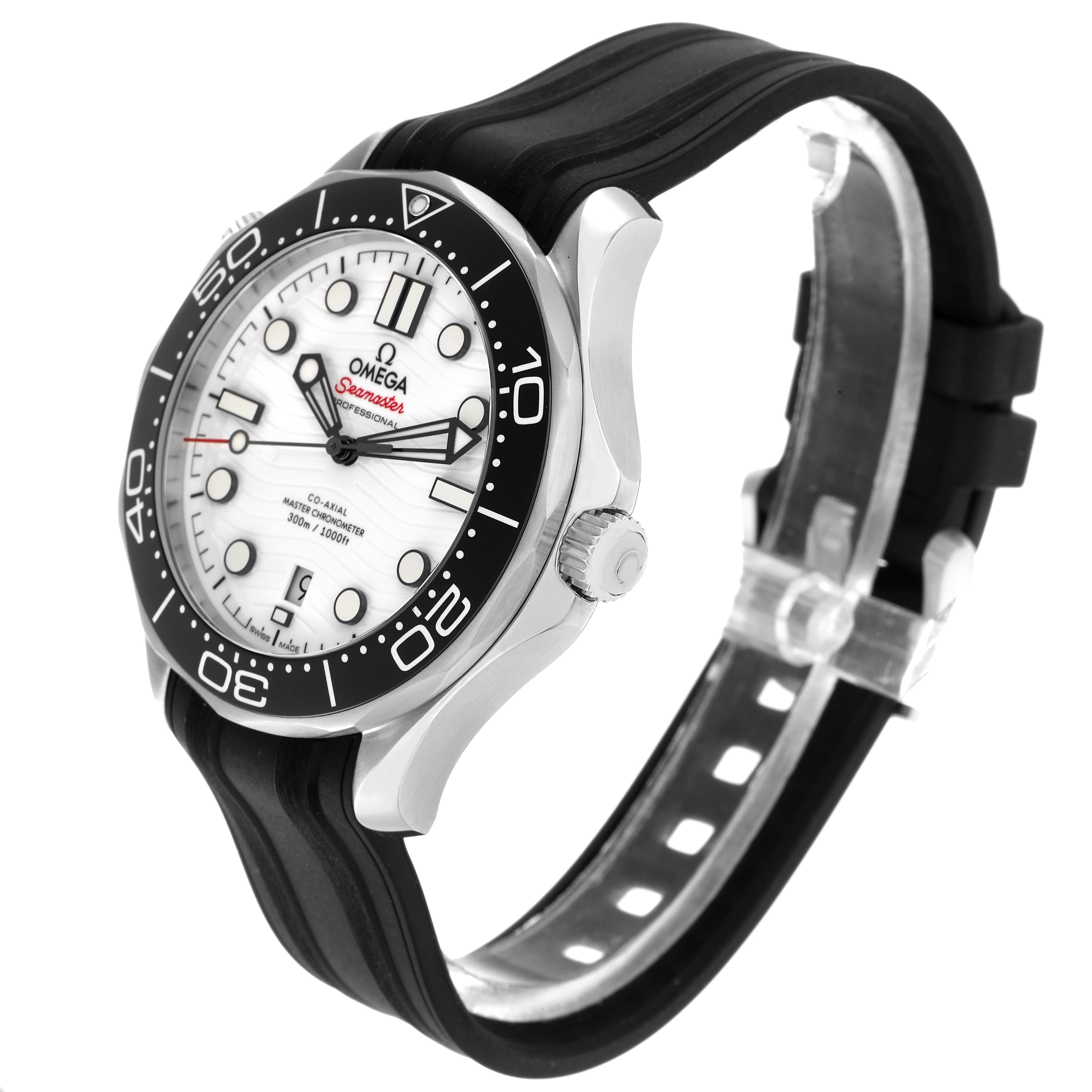 The Omega Seamaster 210.32.42.20.04.001 Men
s Stainless Steel White Dial watch is shown at an angled view, highlighting the face, bezel, crown, and black rubber strap.