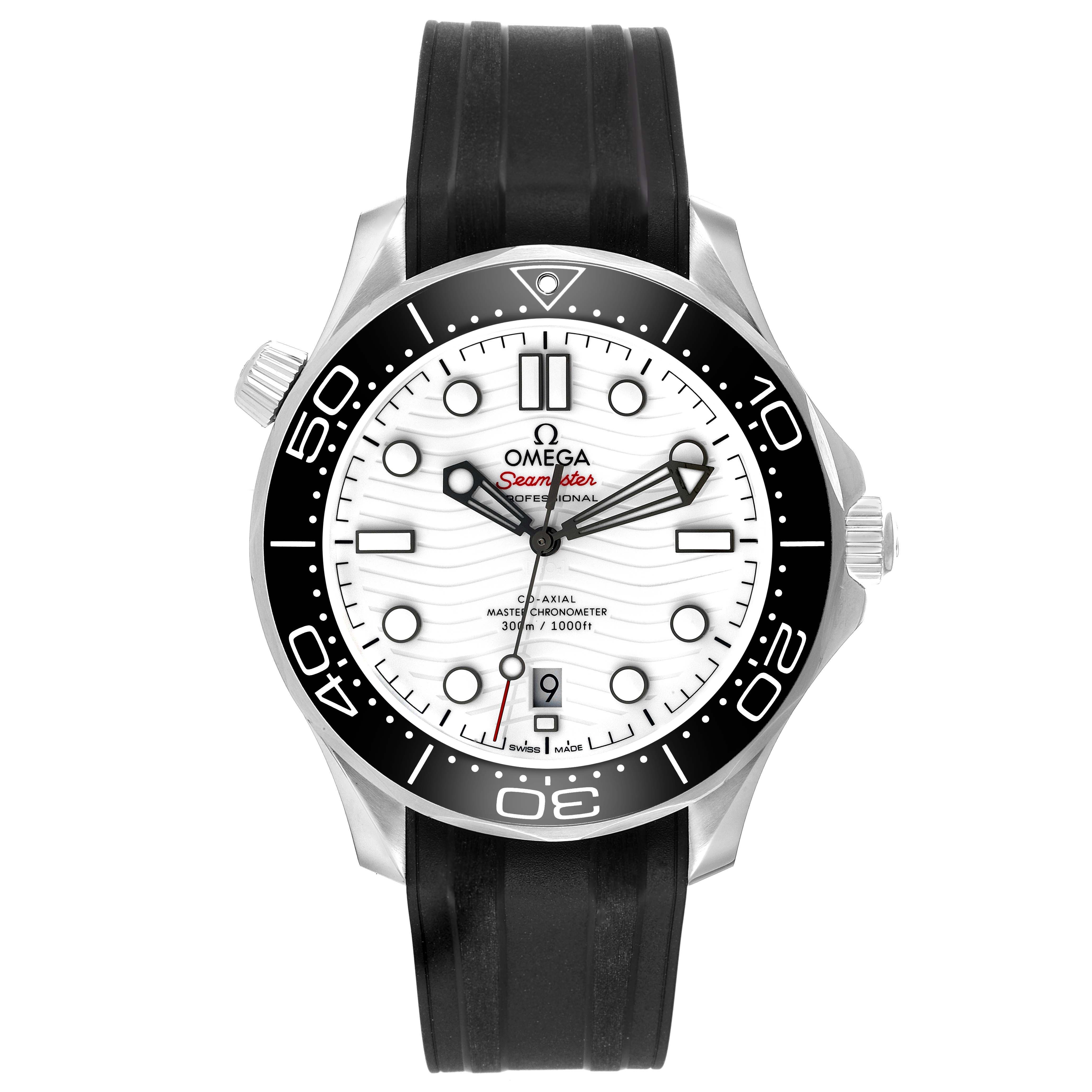 The Omega Seamaster 210.32.42.20.04.001 Men
s Stainless Steel White Dial watch is shown from the front, highlighting its dial, bezel, hands, and strap.