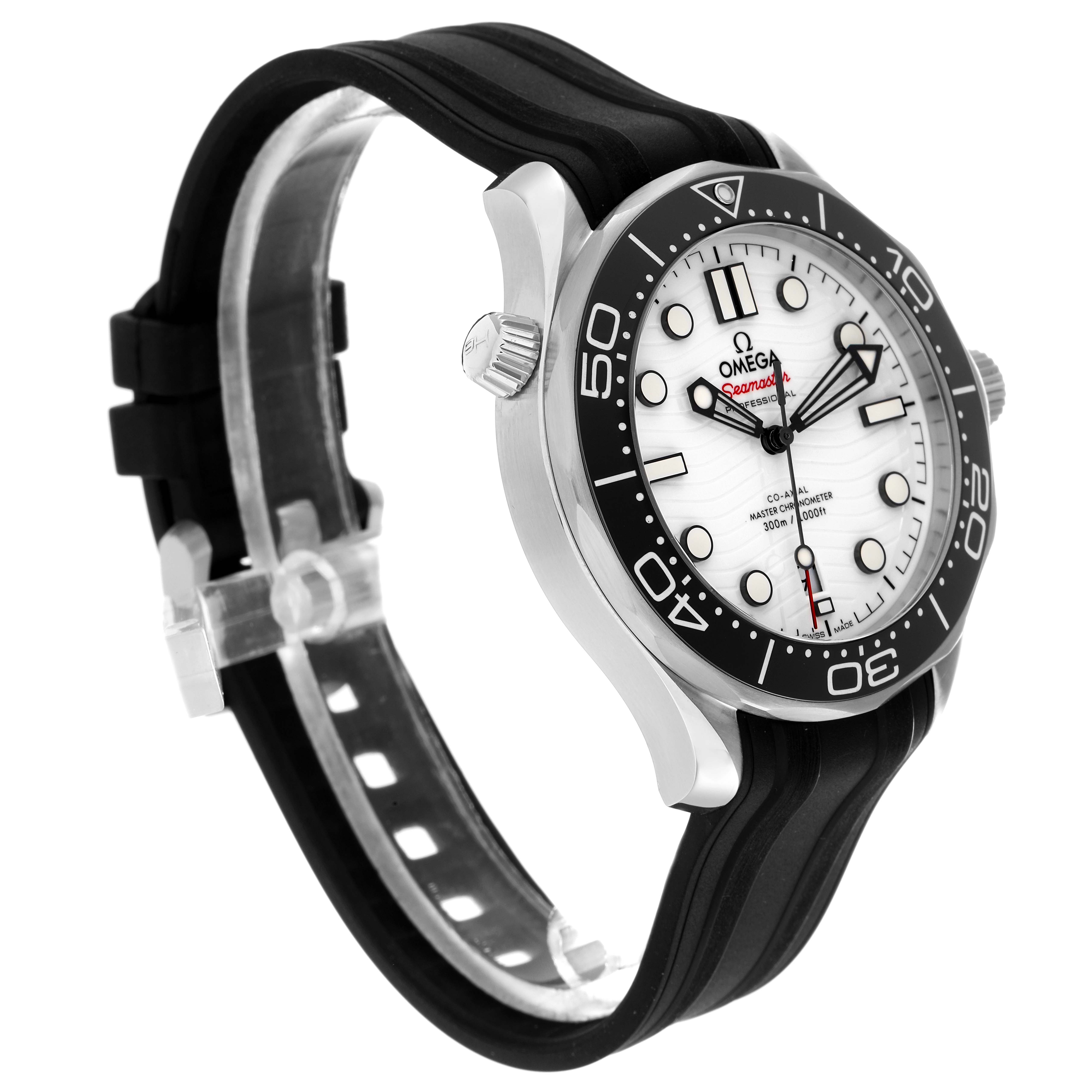 The Omega Seamaster 210.32.42.20.04.001 Men
s Stainless Steel White Dial watch is shown at a three-quarter angle, highlighting the face, bezel, crown, and rubber strap.