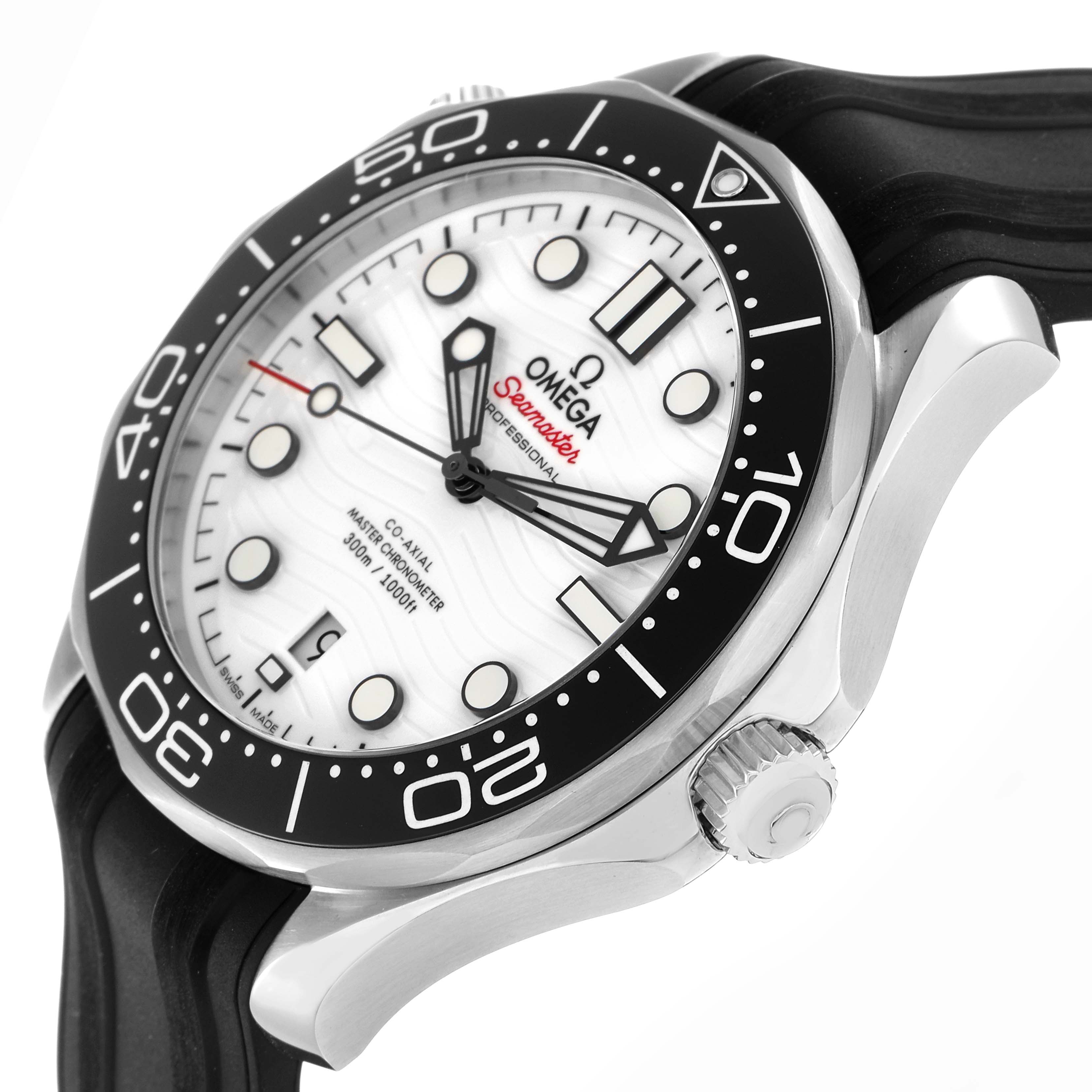 The Omega Seamaster 210.32.42.20.04.001 Men
s Stainless Steel White Dial watch is shown at an angled view, highlighting the bezel, dial, and crown.