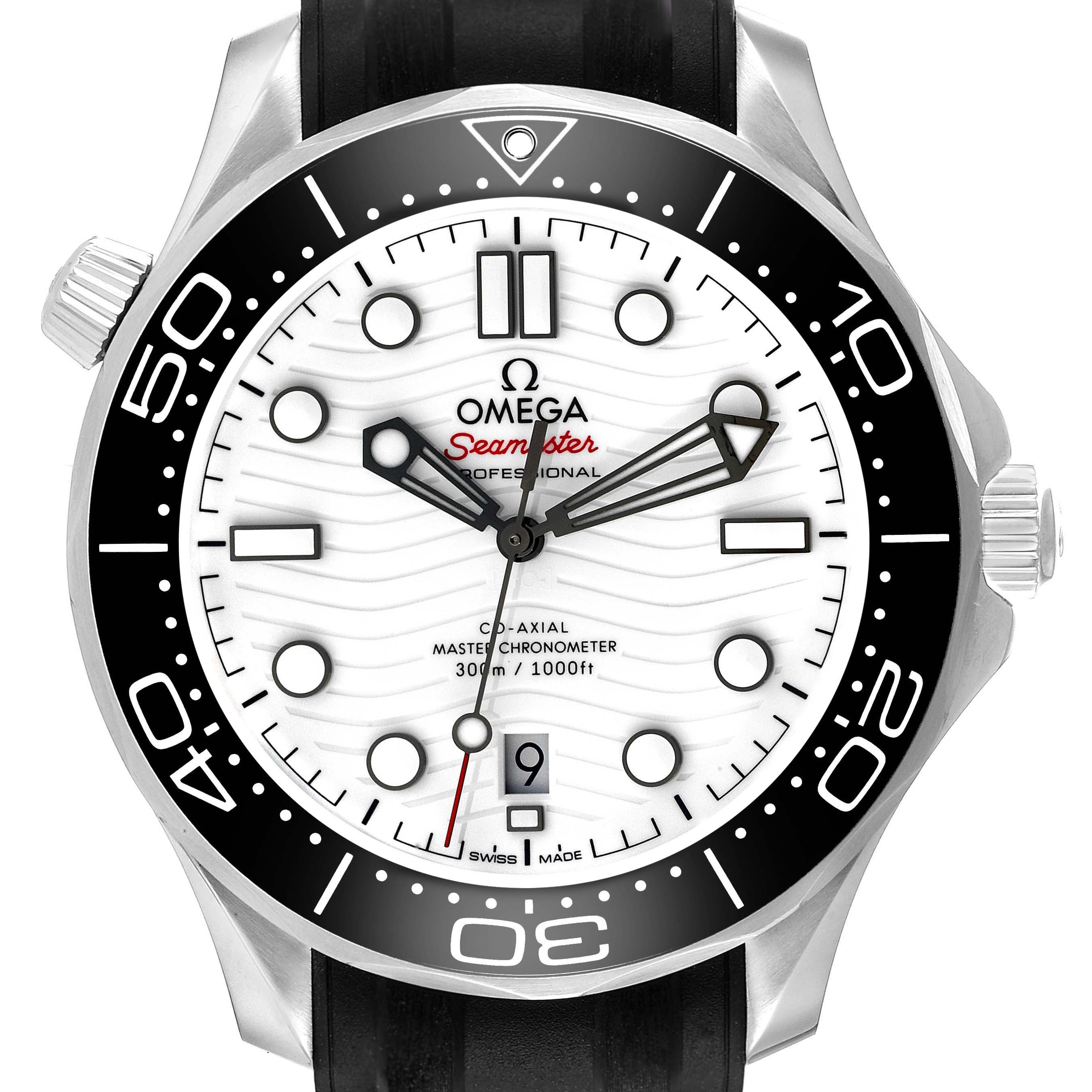 The Omega Seamaster 210.32.42.20.04.001 Men
s Stainless Steel White Dial watch is shown from the front, displaying its dial, bezel, hands, date window, and crown.