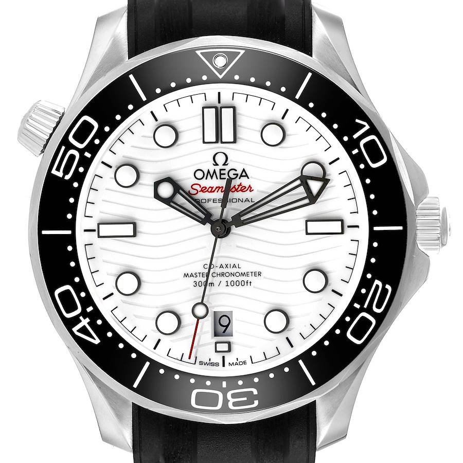 The image shows a frontal view of the Omega Seamaster model 210.32.42.20.04.001, highlighting the white dial, black bezel, and date window at six o'clock.