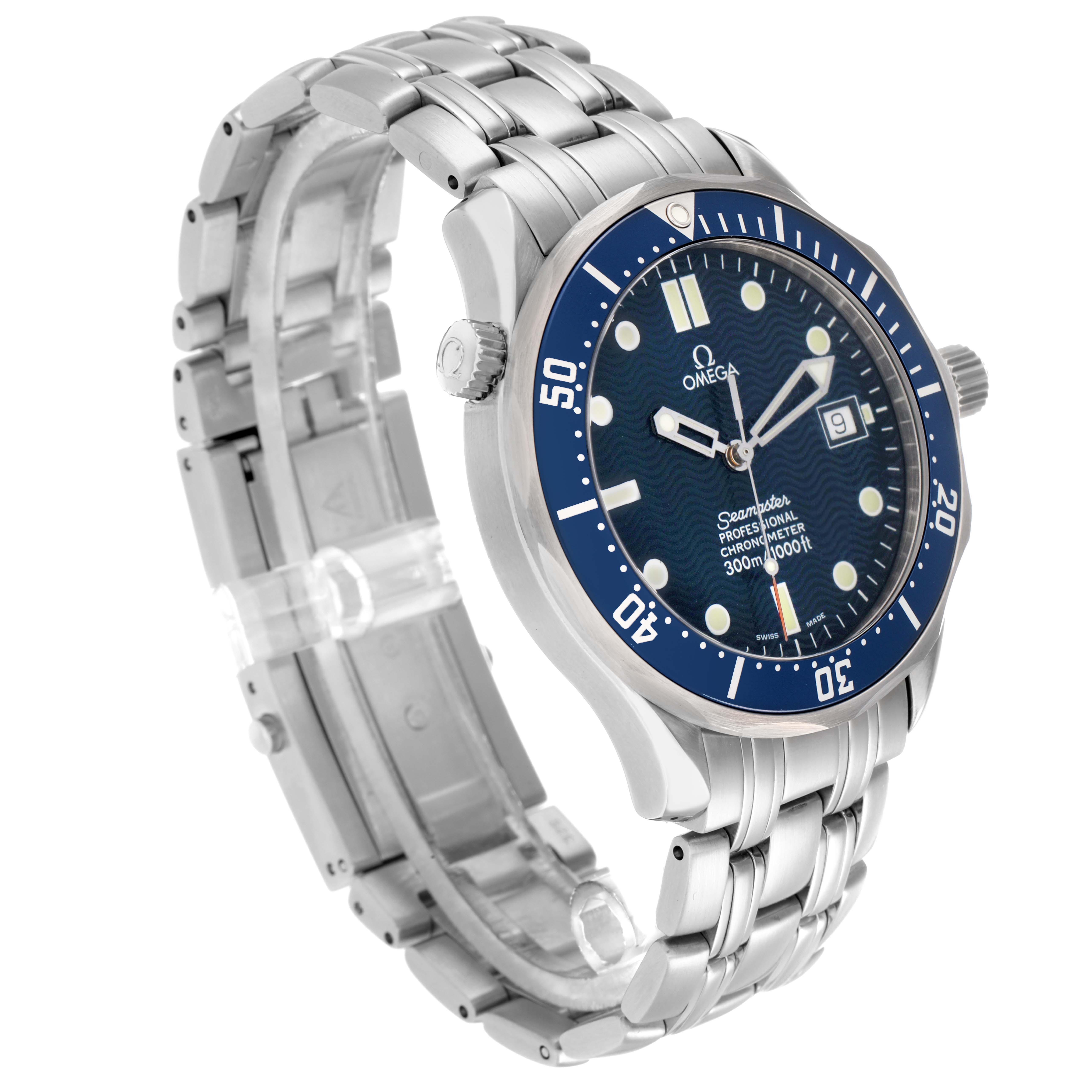 The Omega Seamaster 2531.80.00 Men
s Stainless Steel Blue Dial watch is shown at a slight angle, featuring the face, bezel, case, bracelet, and crown.