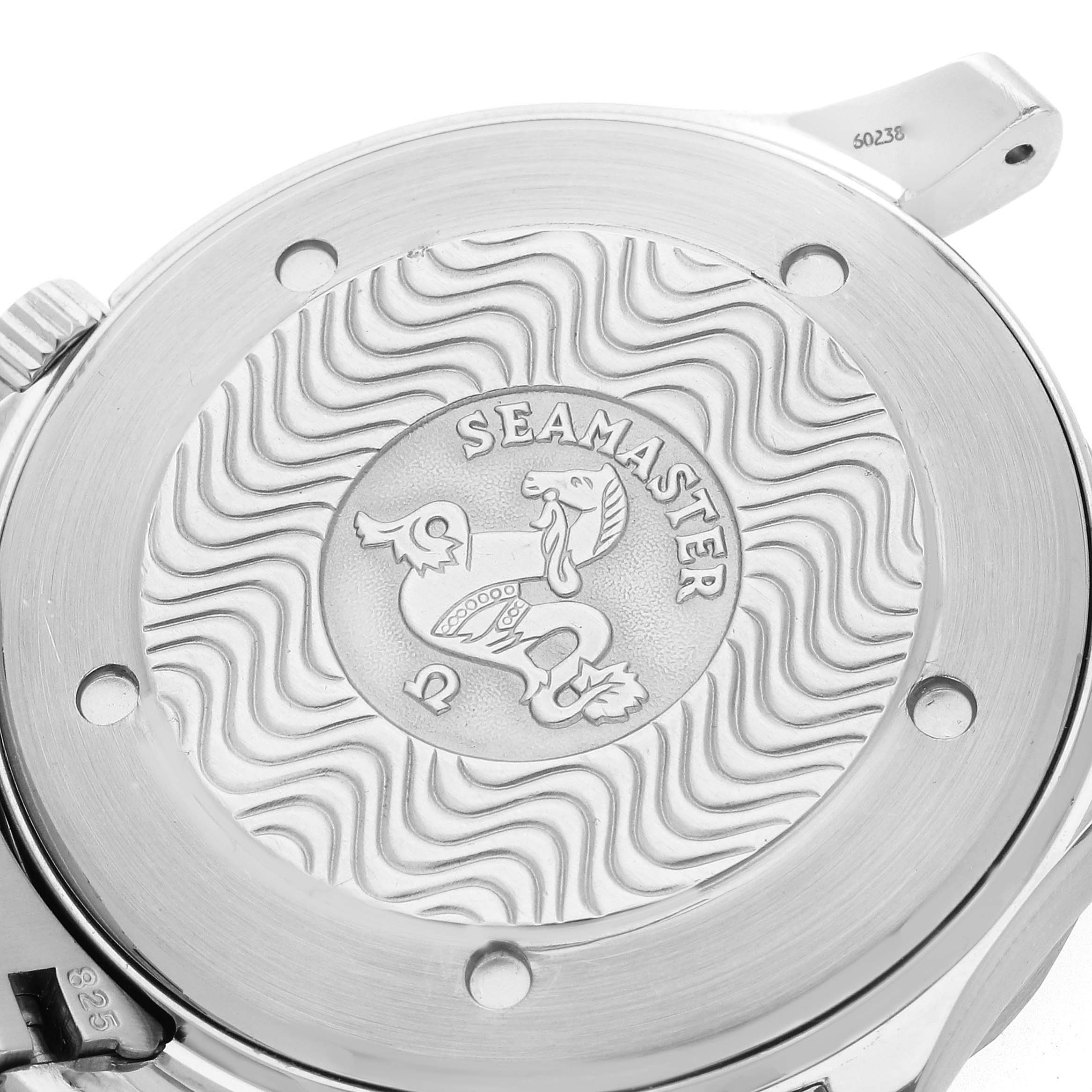 The image shows the case back of an Omega Seamaster 2531.80.00 Men
s Stainless Steel Blue Dial watch with its wave pattern and engraved logo.