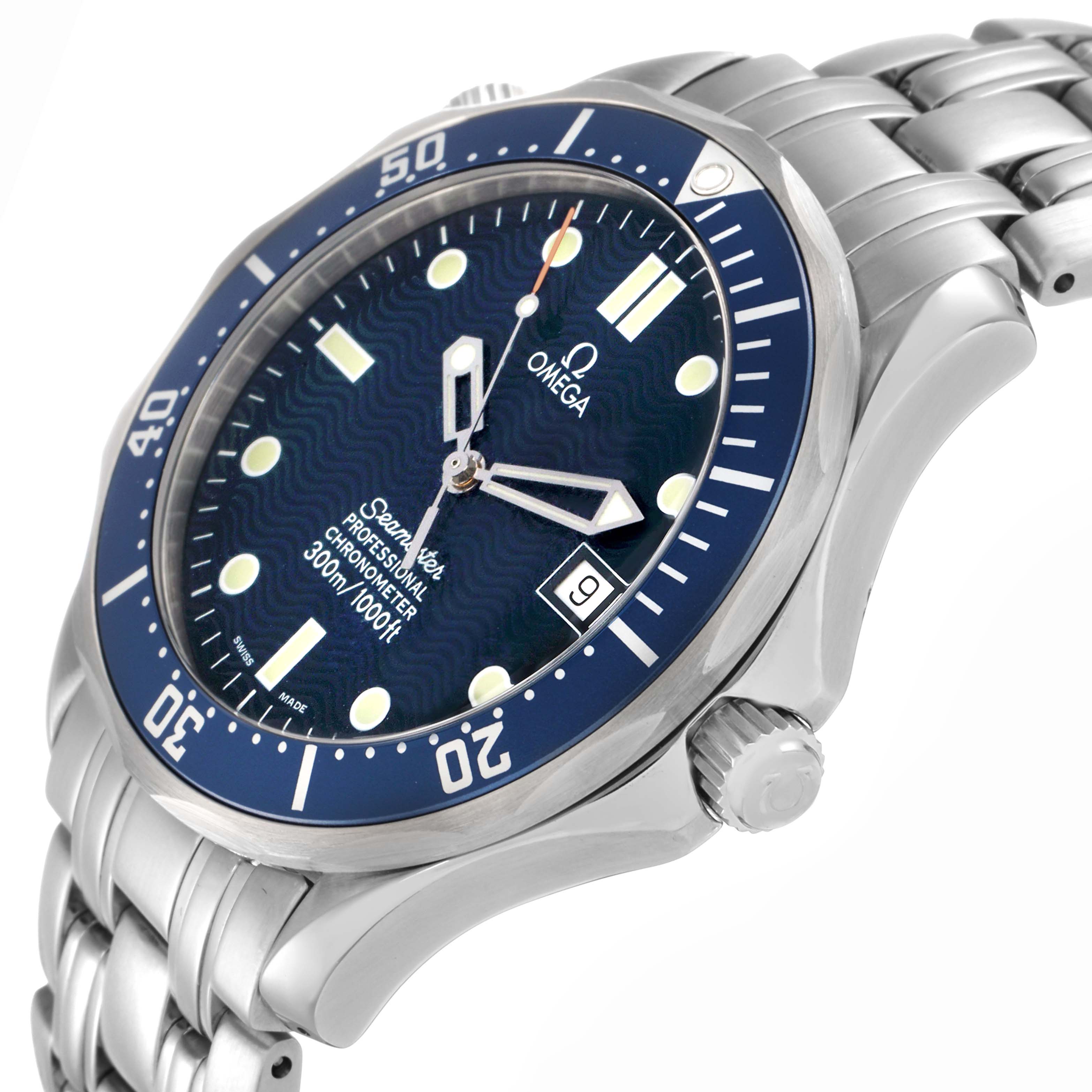 The Omega Seamaster 2531.80.00 Men
s Stainless Steel Blue Dial watch is shown at an angle highlighting the blue dial, bezel, crown, and stainless steel bracelet.