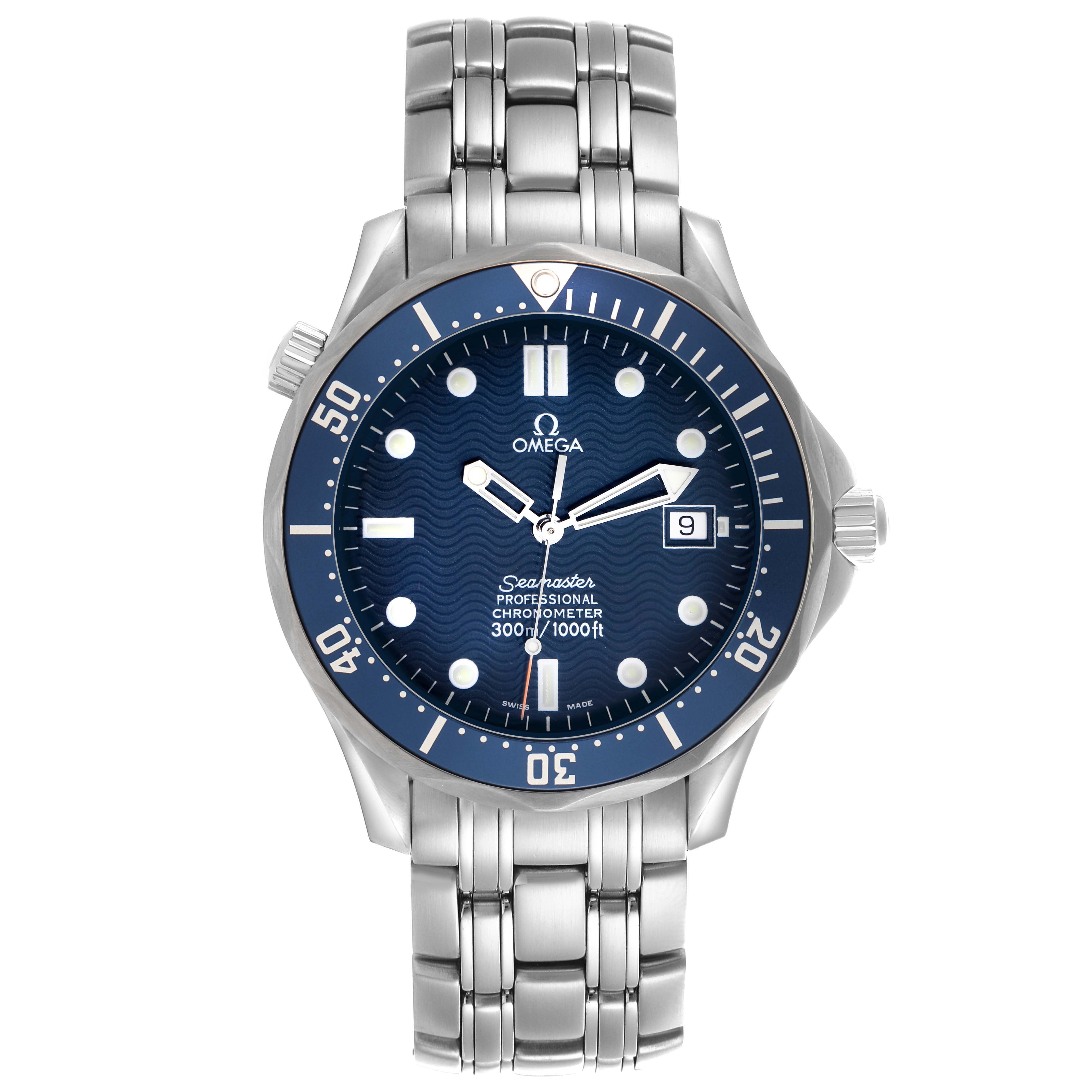 The Omega Seamaster 2531.80.00 Men
s Stainless Steel Blue Dial watch is shown from the front, displaying its face, bezel, crown, and metal bracelet.