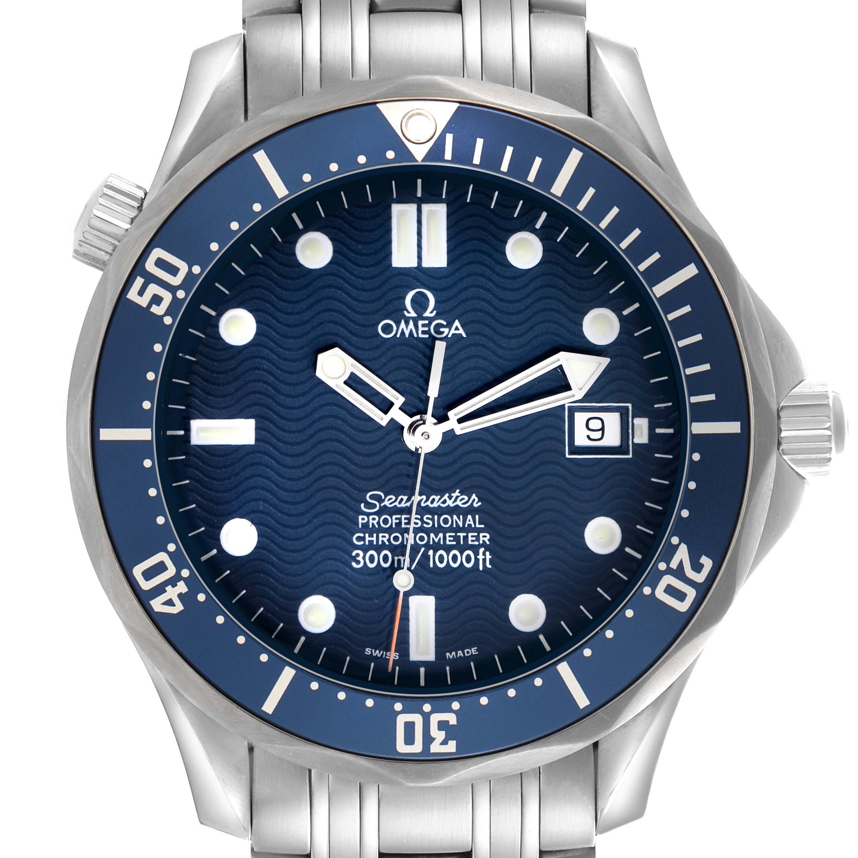 The Omega Seamaster 2531.80.00 Men
s Stainless Steel Blue Dial watch is shown from a frontal angle, highlighting its dial, bezel, and bracelet.