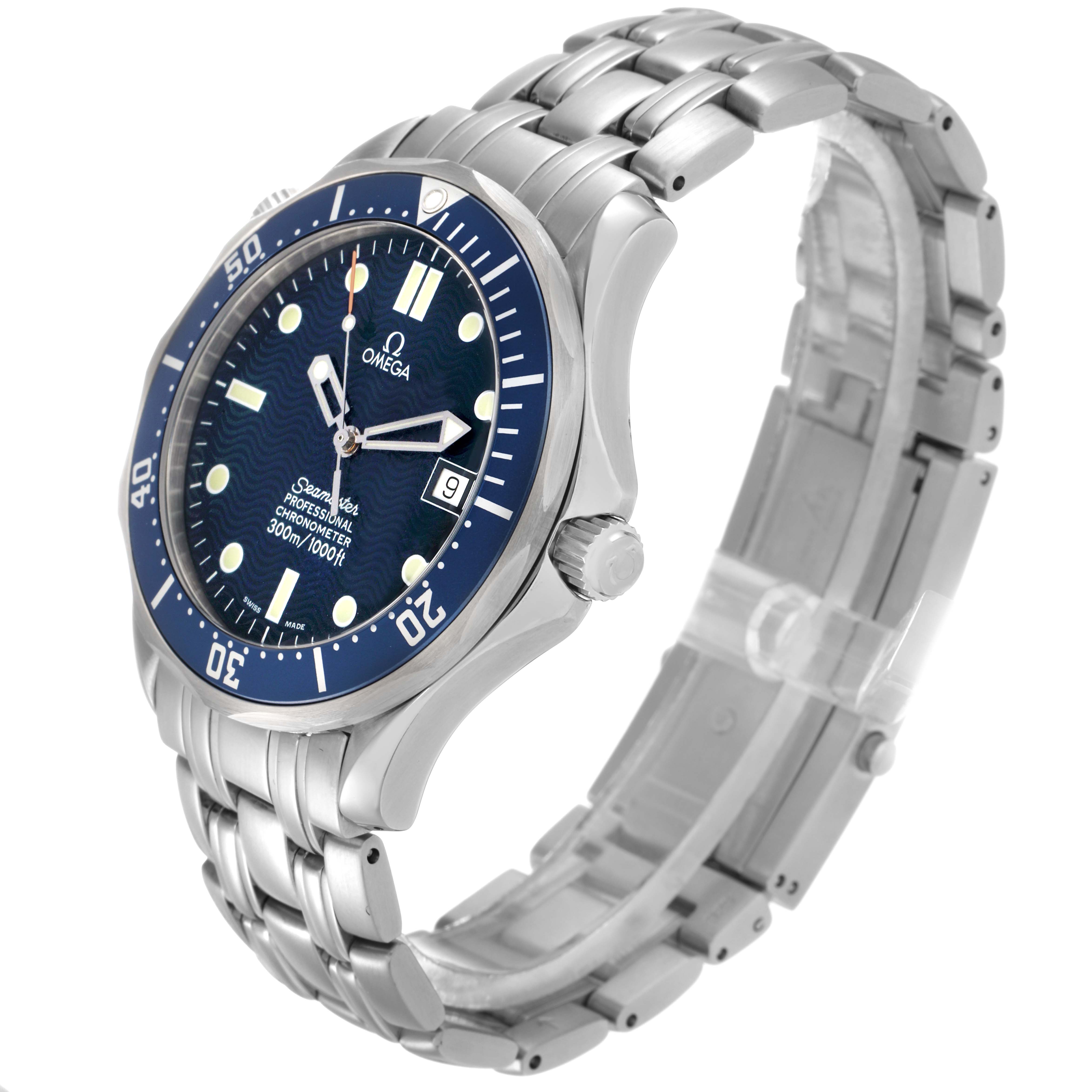 The Omega Seamaster 2531.80.00 Men
s Stainless Steel Blue Dial watch is shown at a 3/4 angle, highlighting the face, bezel, bracelet, and crown.