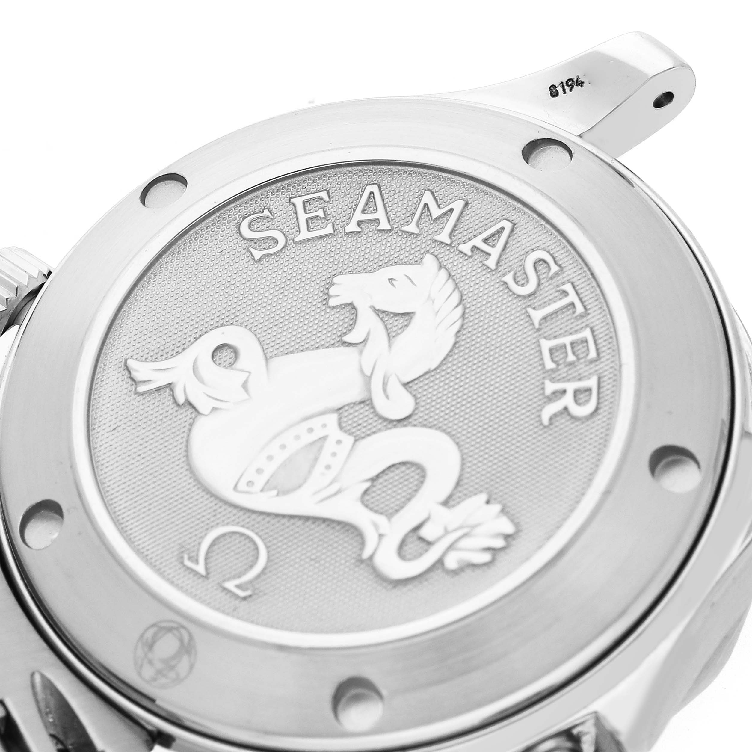 The image shows the case back of an Omega Seamaster 2222.80.00 Men's Stainless Steel Blue Dial, featuring the engraved emblem and branding.