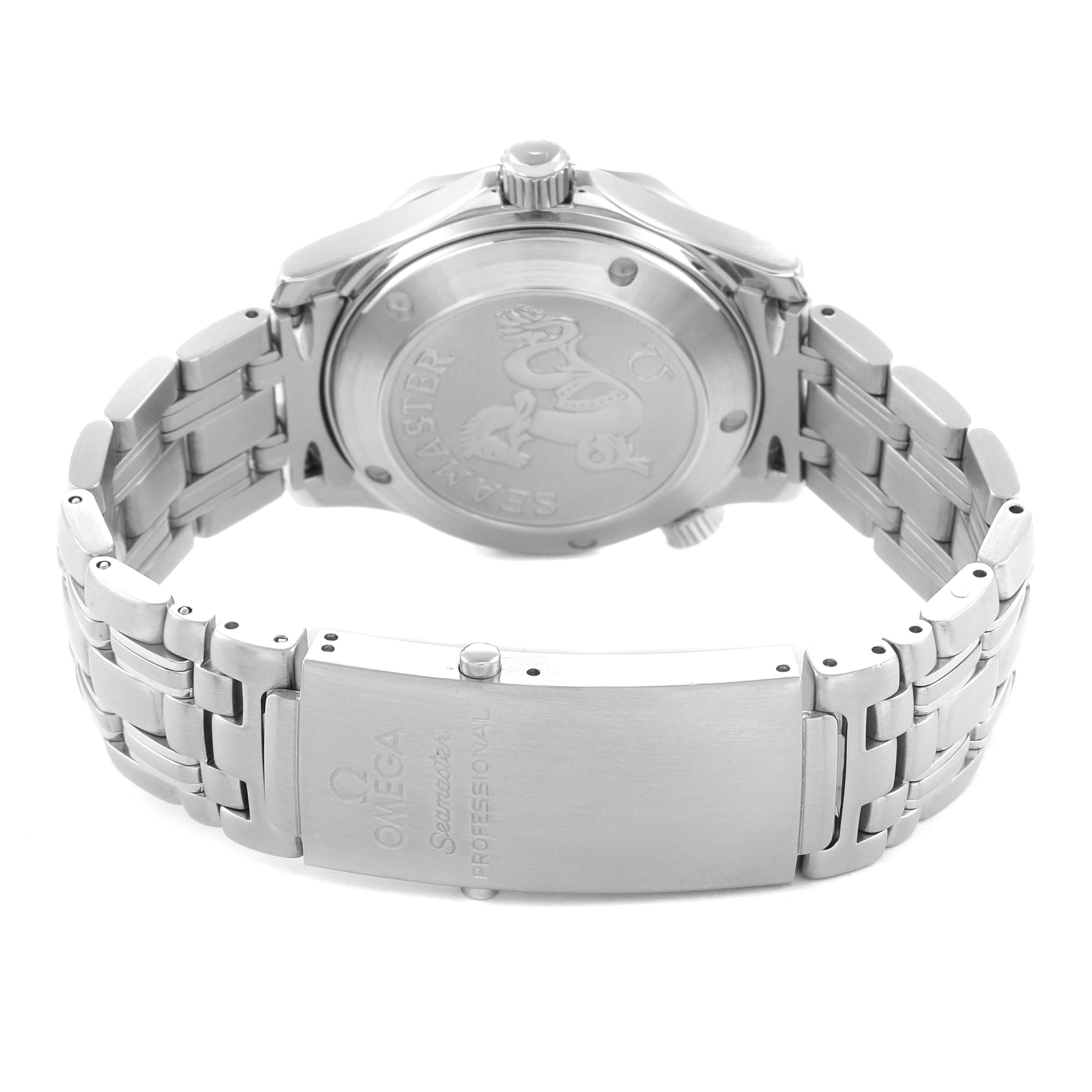 The image shows the back and clasp of an Omega Seamaster 2222.80.00 Men's Stainless Steel Blue Dial watch, highlighting the case back design and bracelet links.