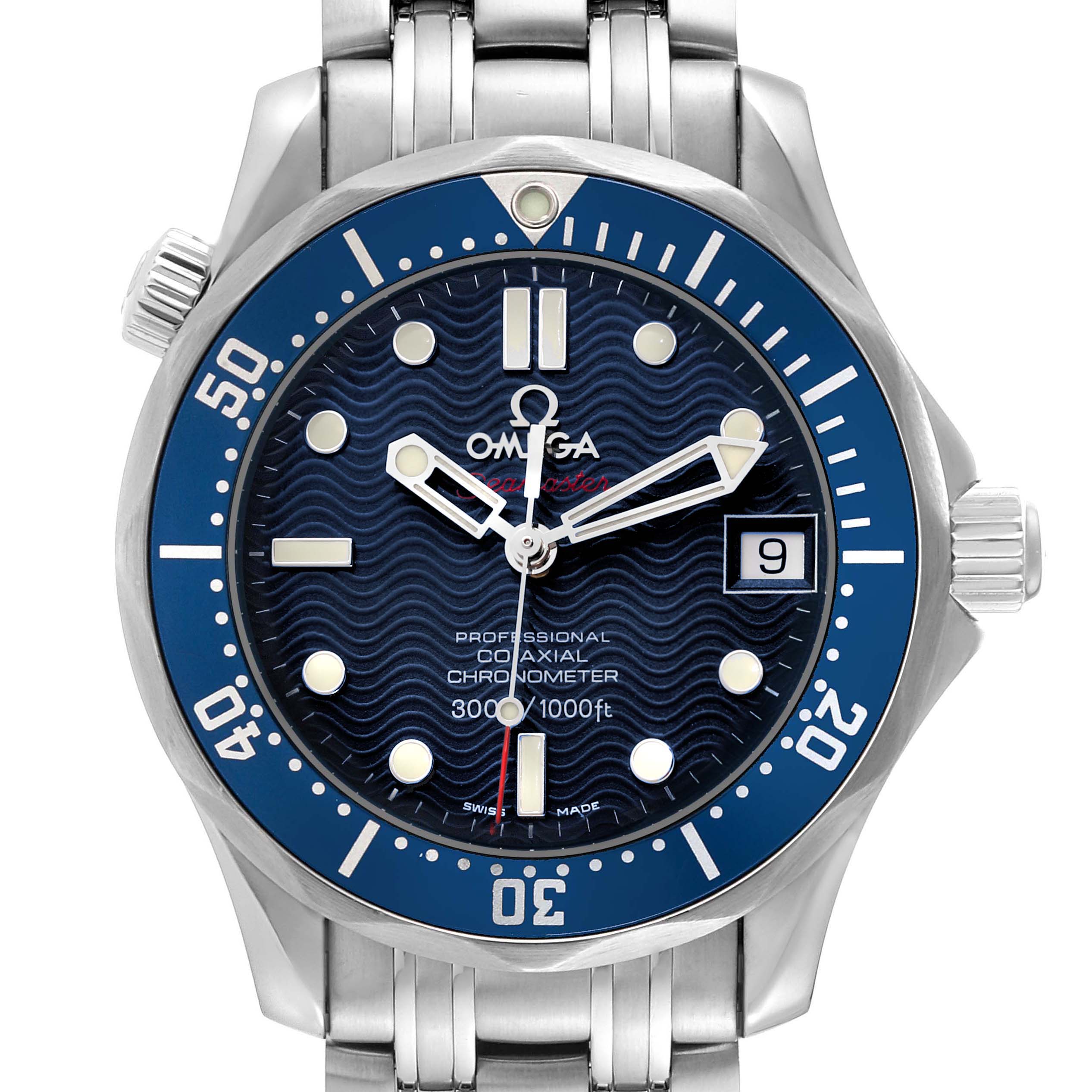 The Omega Seamaster 2222.80.00 Men's Stainless Steel Blue Dial watch is shown from a front angle, displaying the face, bezel, crown, and part of the bracelet.