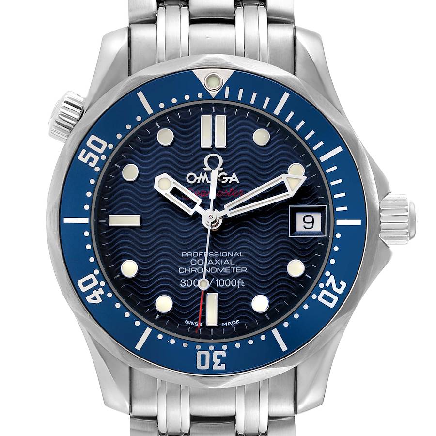 The Omega Seamaster model 2222.80.00 is shown from a front angle, highlighting the blue dial, bezel, hands, markers, and a portion of the bracelet.