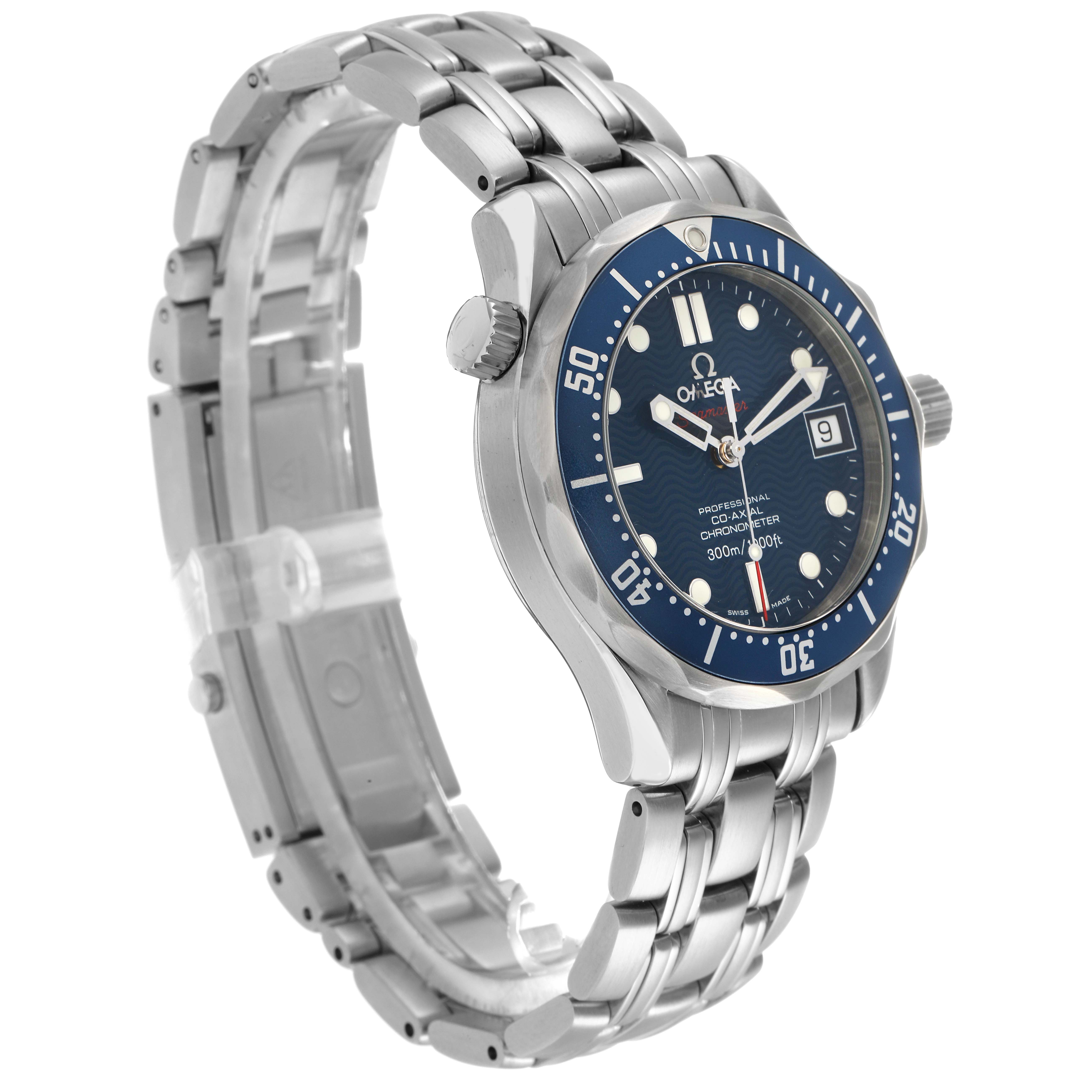 The Omega Seamaster 2222.80.00 Men's Stainless Steel Blue Dial watch is shown at a side angle, highlighting the blue dial, bezel, crown, and stainless steel bracelet.