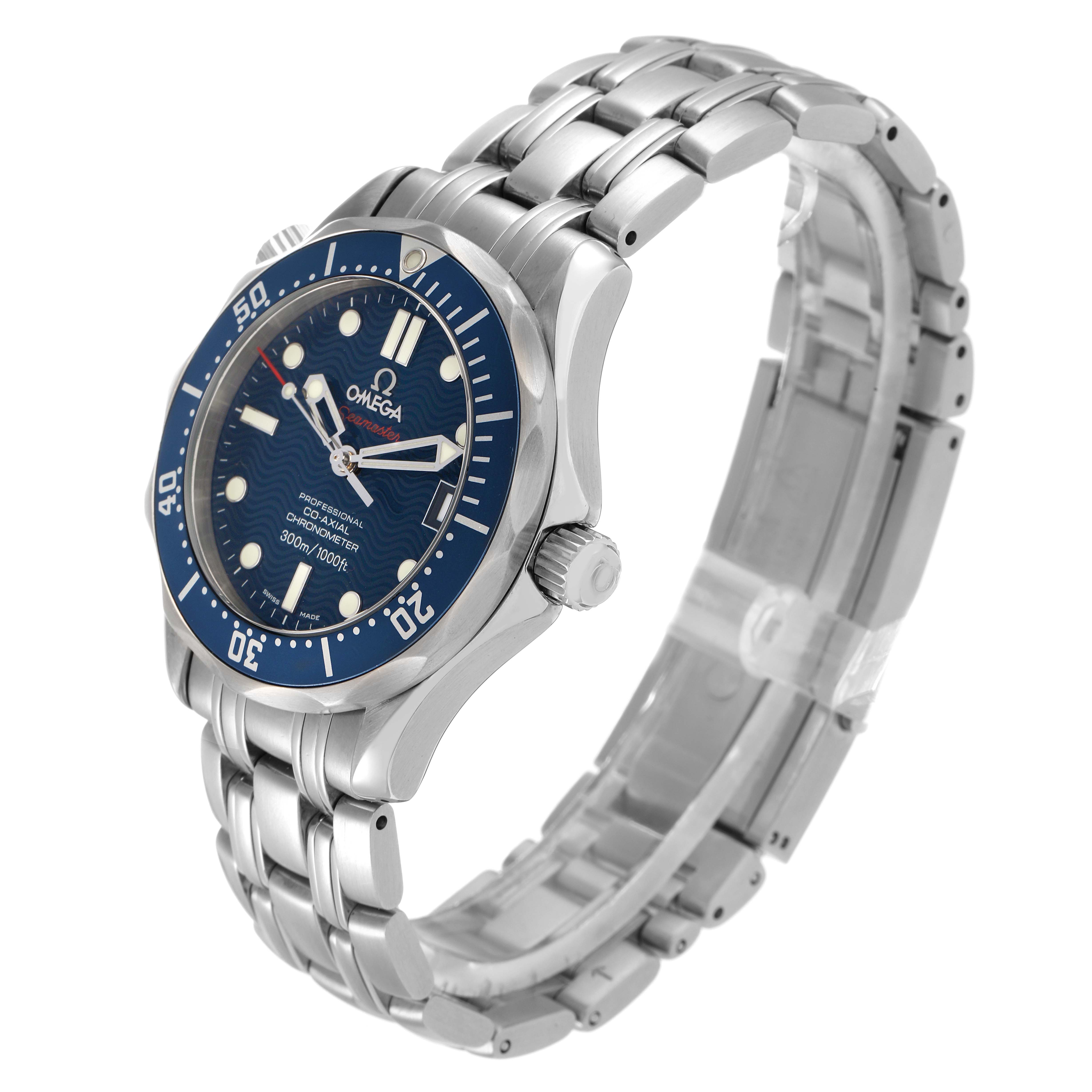 The Omega Seamaster 2222.80.00 Men's Stainless Steel Blue Dial watch is angled to show the dial, bezel, crown, and stainless steel bracelet clearly.