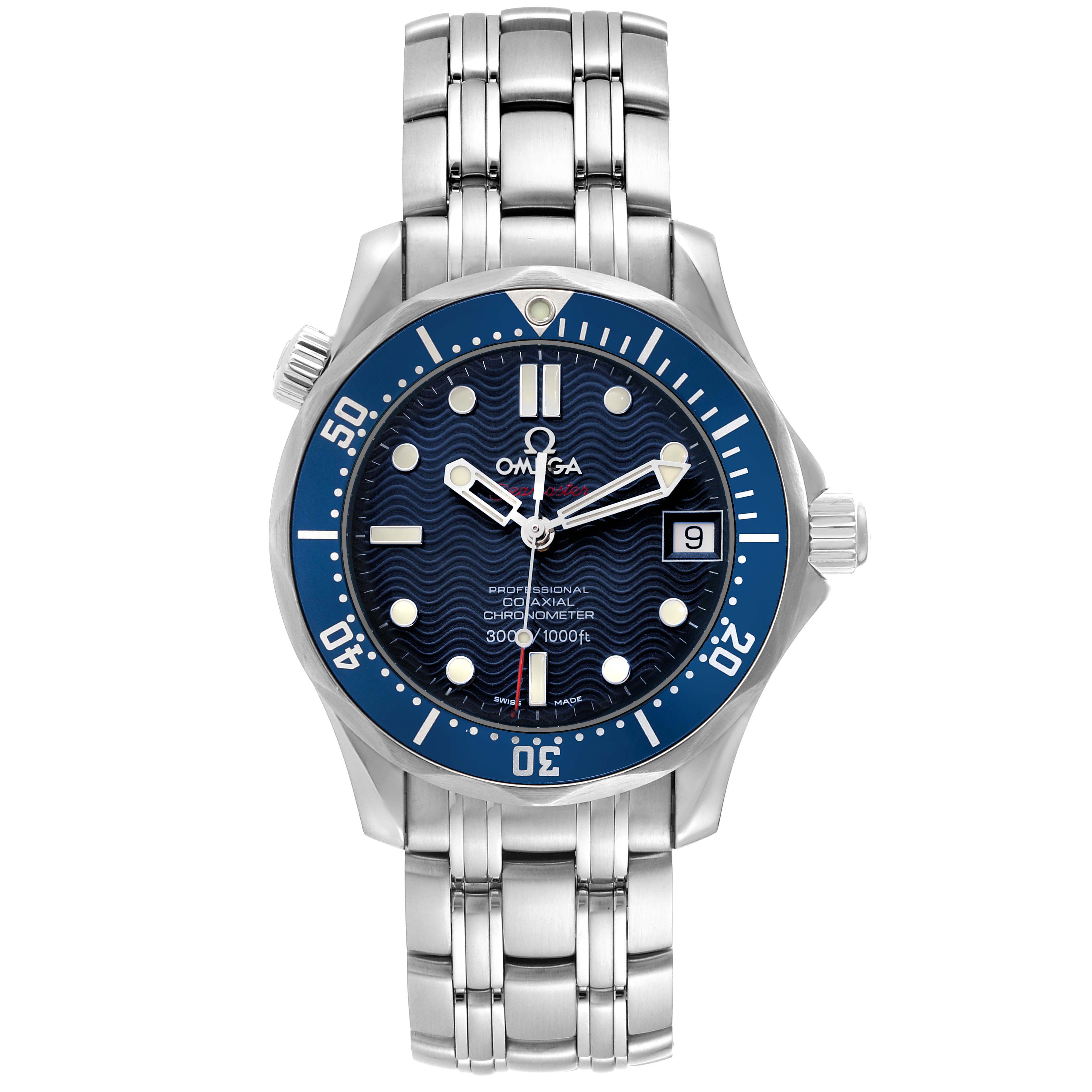 The Omega Seamaster 2222.80.00 Men's Stainless Steel Blue Dial watch is shown from a front angle, highlighting its blue dial, bezel, and metal bracelet.