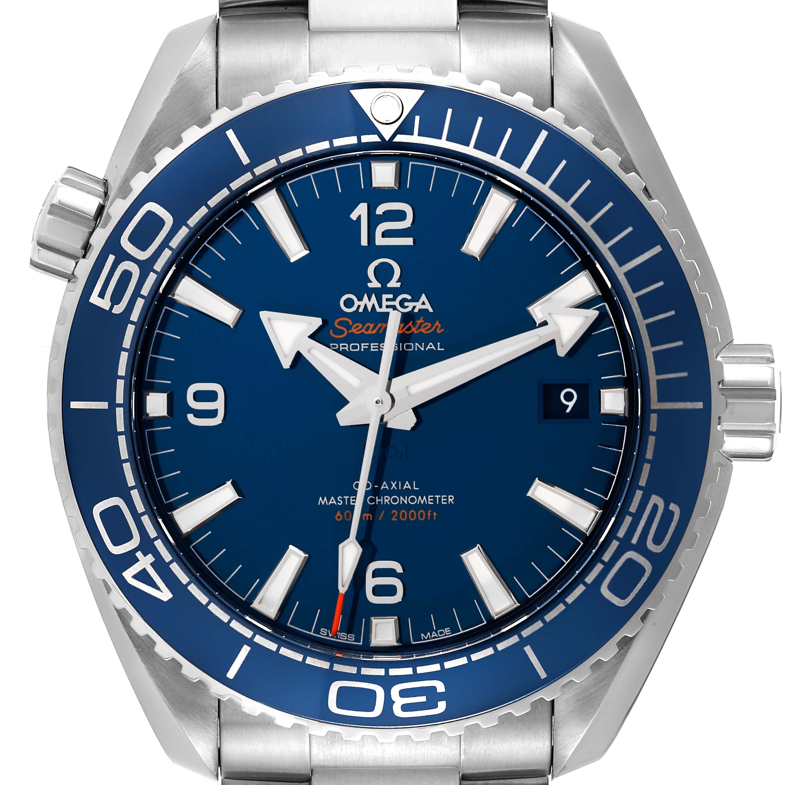 The image shows a front view of the Omega Planet Ocean 215.30.44.21.03.001 Men
s Stainless Steel Blue Dial 215.30.44.21.03.001 Men
s Stainless Steel Blue Dial watch, displaying its face, bezel, and parts of its stainless steel bracelet.