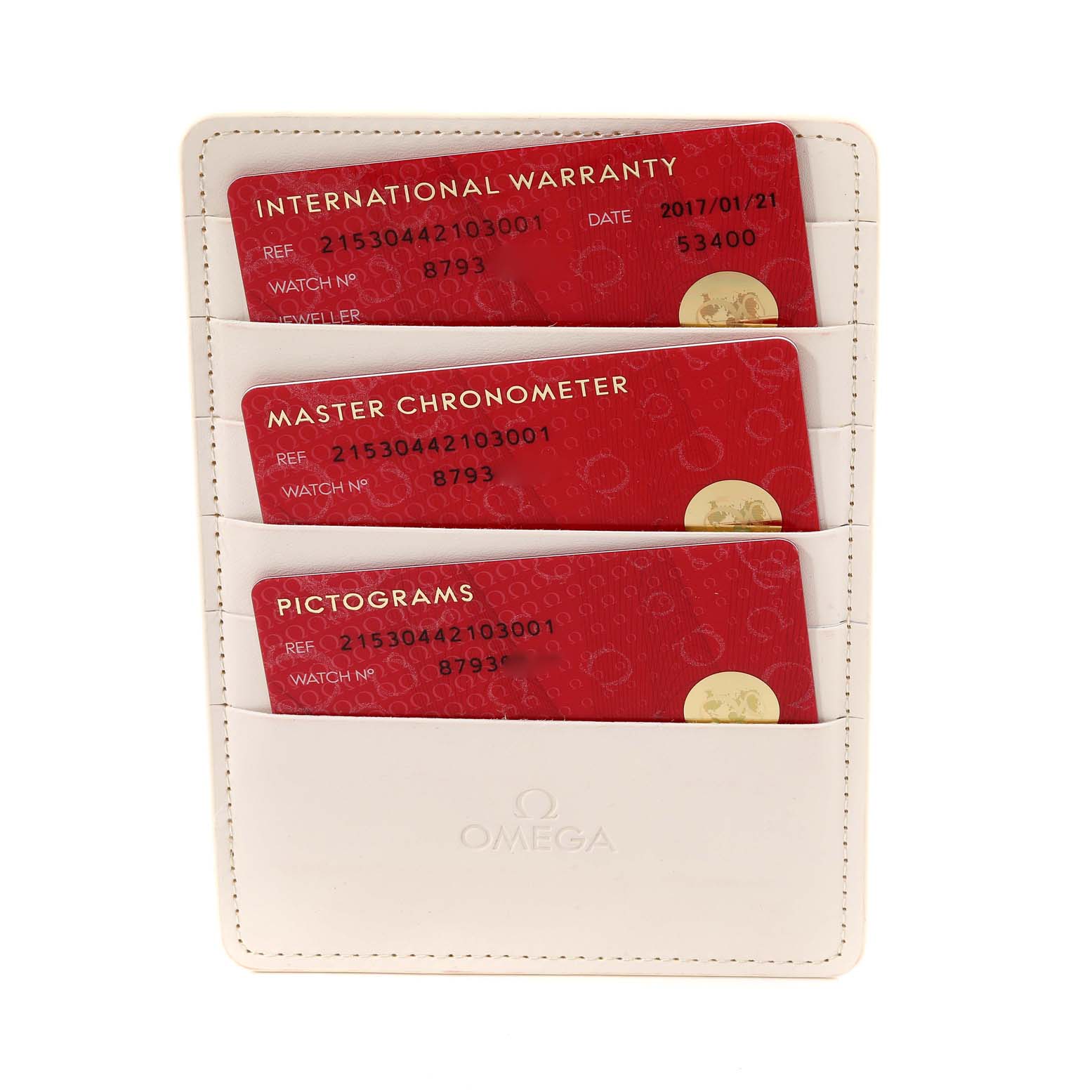 The image shows warranty and certification cards for the Omega Planet Ocean 215.30.44.21.03.001 Men
s Stainless Steel Blue Dial 215.30.44.21.03.001 Men
s Stainless Steel Blue Dial model watch in a white cardholder.