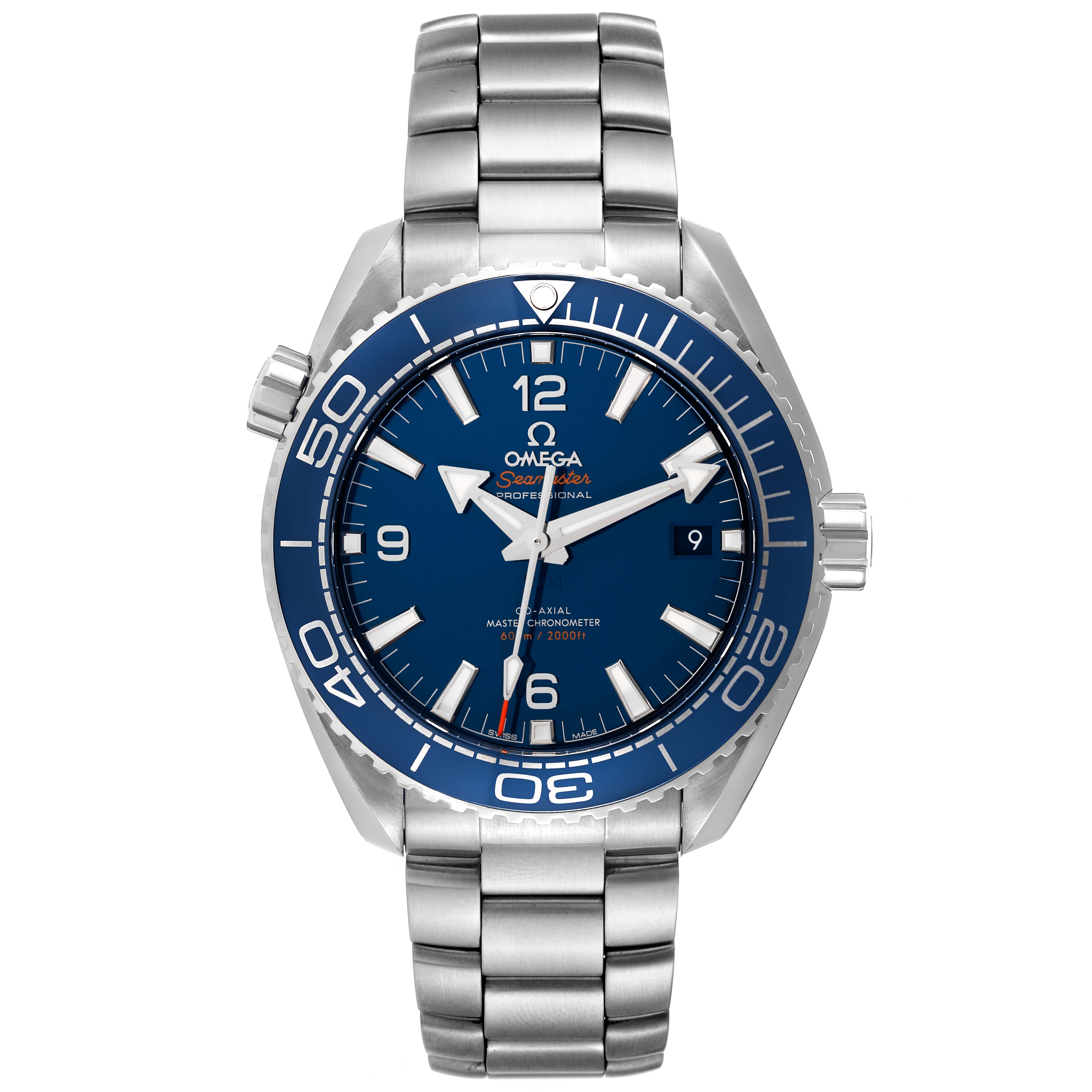 The image shows a front view of the Omega Planet Ocean 215.30.44.21.03.001 Men
s Stainless Steel Blue Dial 215.30.44.21.03.001 Men
s Stainless Steel Blue Dial model watch, displaying the dial, bezel, and metal bracelet.