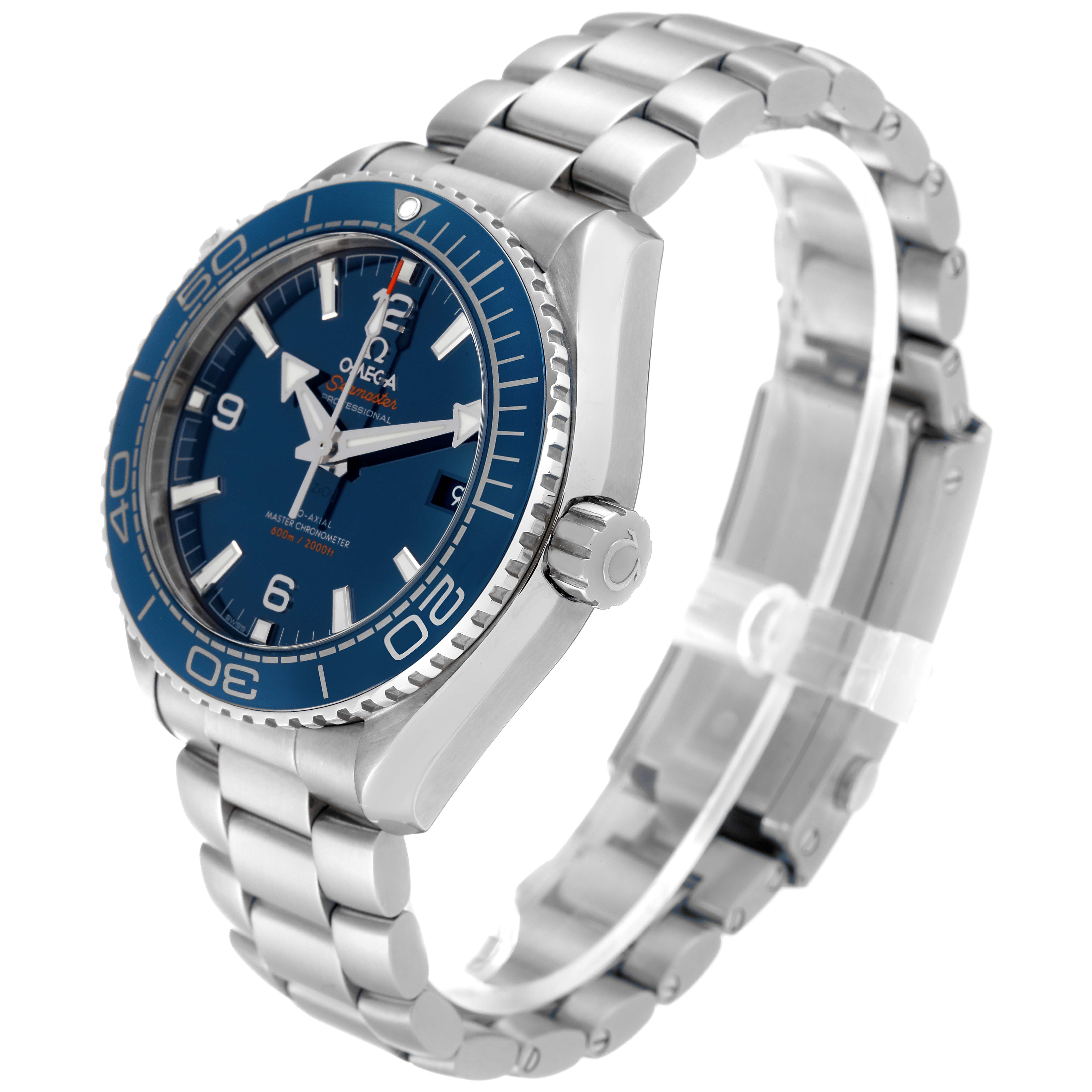 The Omega Planet Ocean 215.30.44.21.03.001 Men
s Stainless Steel Blue Dial 215.30.44.21.03.001 Men
s Stainless Steel Blue Dial watch is shown at a three-quarter angle, displaying the face, bezel, crown, and bracelet.