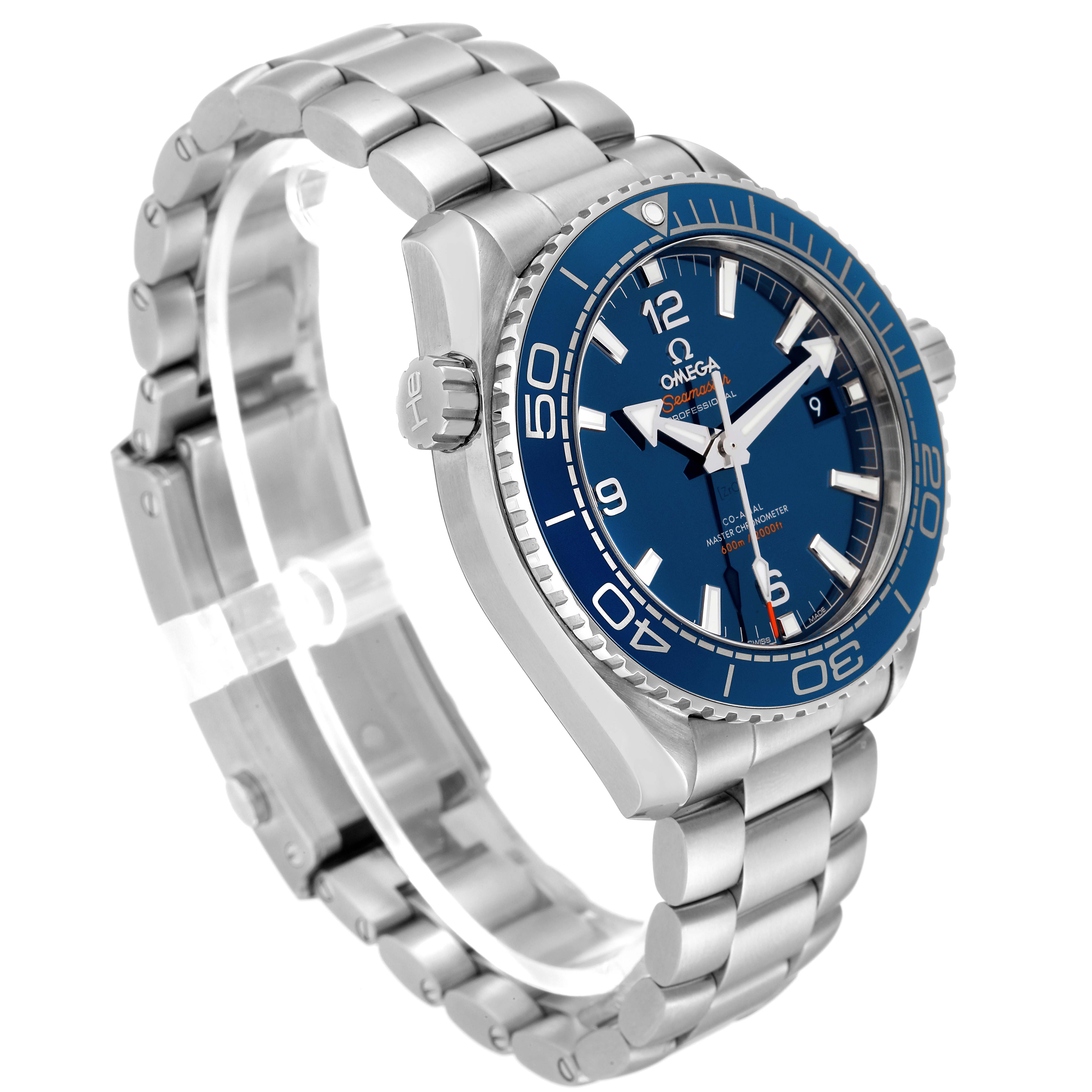 The Omega Planet Ocean 215.30.44.21.03.001 Men
s Stainless Steel Blue Dial 215.30.44.21.03.001 Men
s Stainless Steel Blue Dial model watch is shown at a three-quarter angle, highlighting the bracelet, bezel, face, and crown.