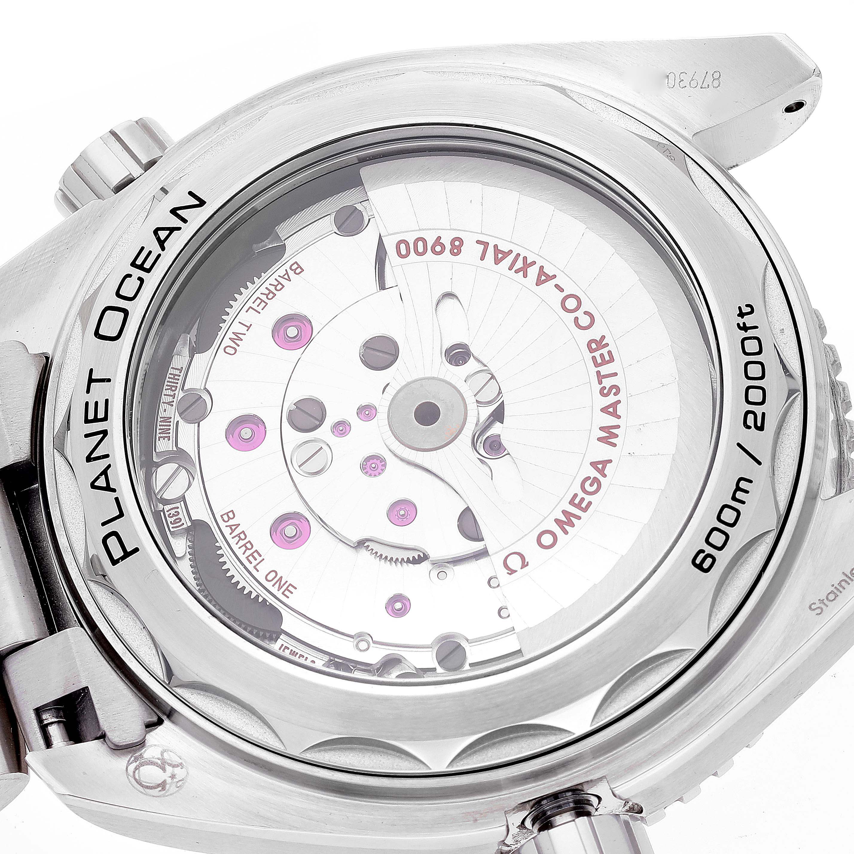 This image shows a close-up, back view of the Omega Planet Ocean 215.30.44.21.03.001 Men
s Stainless Steel Blue Dial 215.30.44.21.03.001 Men
s Stainless Steel Blue Dial watch, highlighting its movement and specifications.