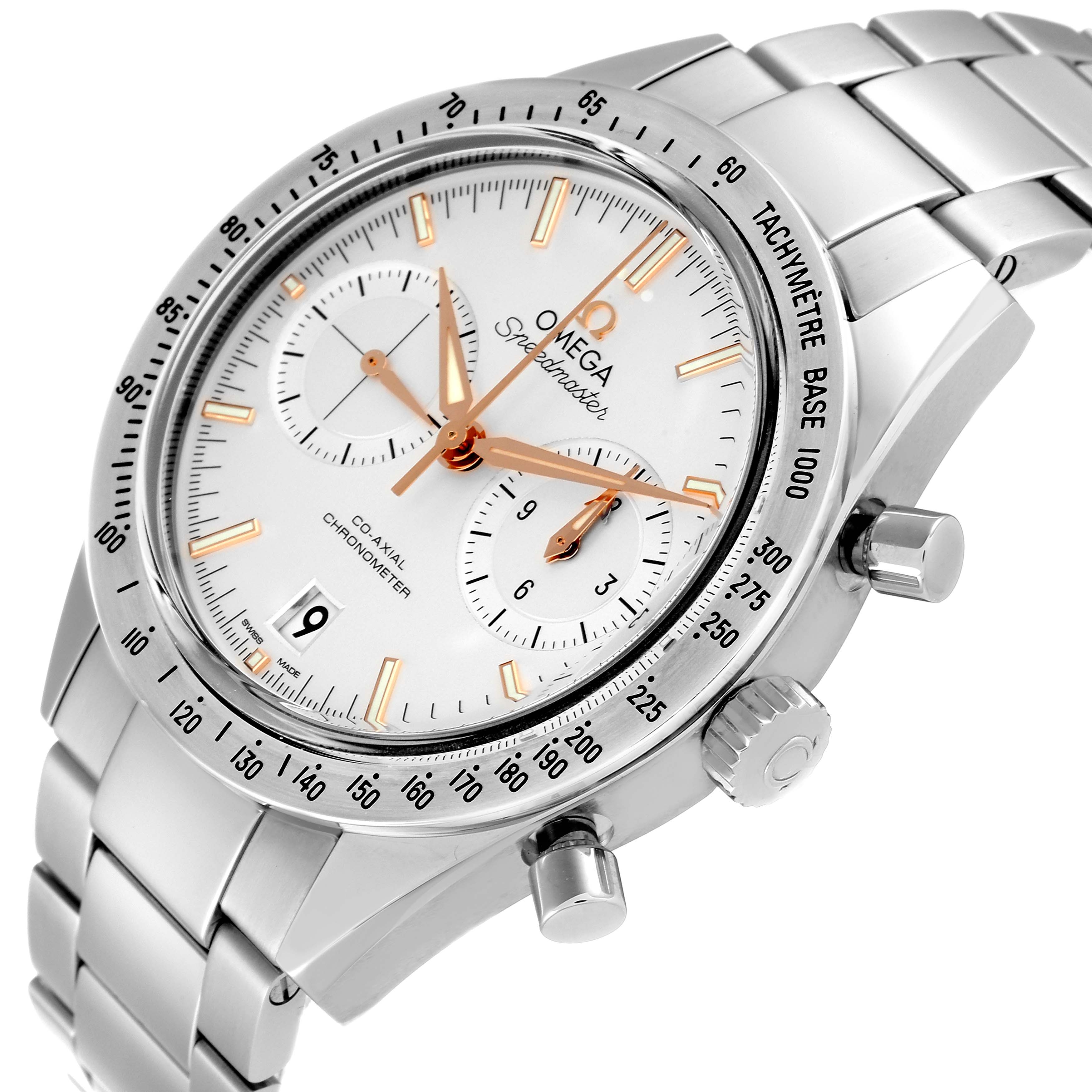 The Omega Speedmaster 331.10.42.51.02.002 Men
s Stainless Steel Silver Dial 331.10.42.51.02.002 Men
s Stainless Steel Silver Dial watch is shown at a slight front angle, displaying the dial, bezel, side buttons, and stainless steel bracelet.