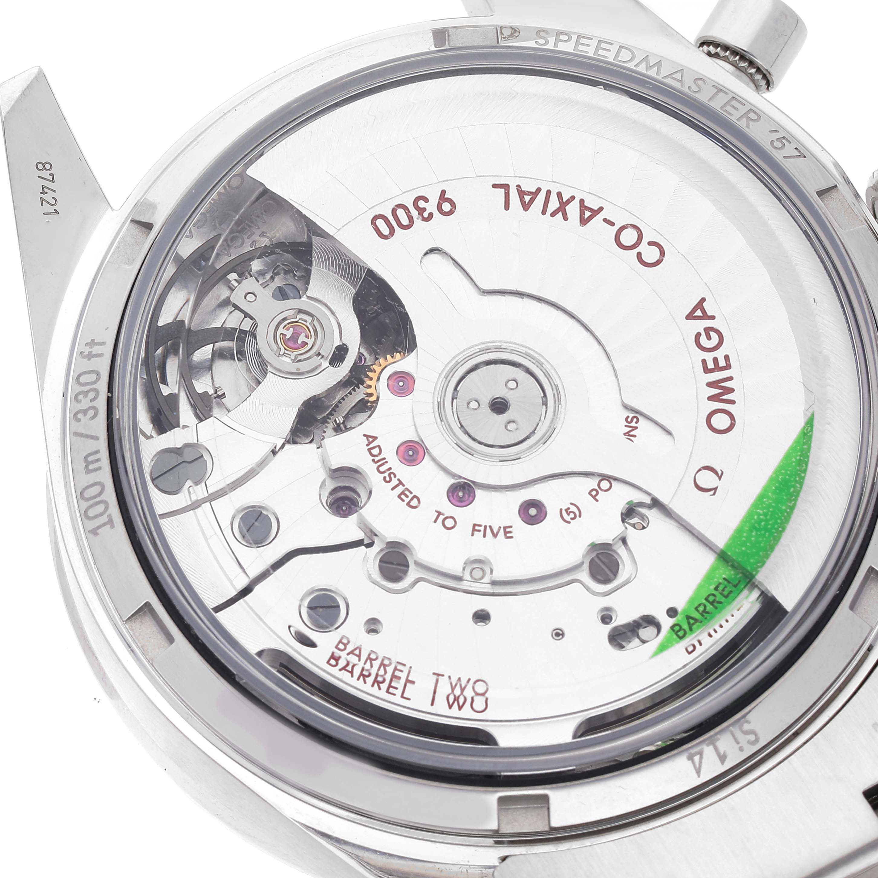 The image shows the back view of the Omega Speedmaster 331.10.42.51.02.002 Men
s Stainless Steel Silver Dial 331.10.42.51.02.002 Men
s Stainless Steel Silver Dial watch, highlighting its intricate movement and internal mechanisms.