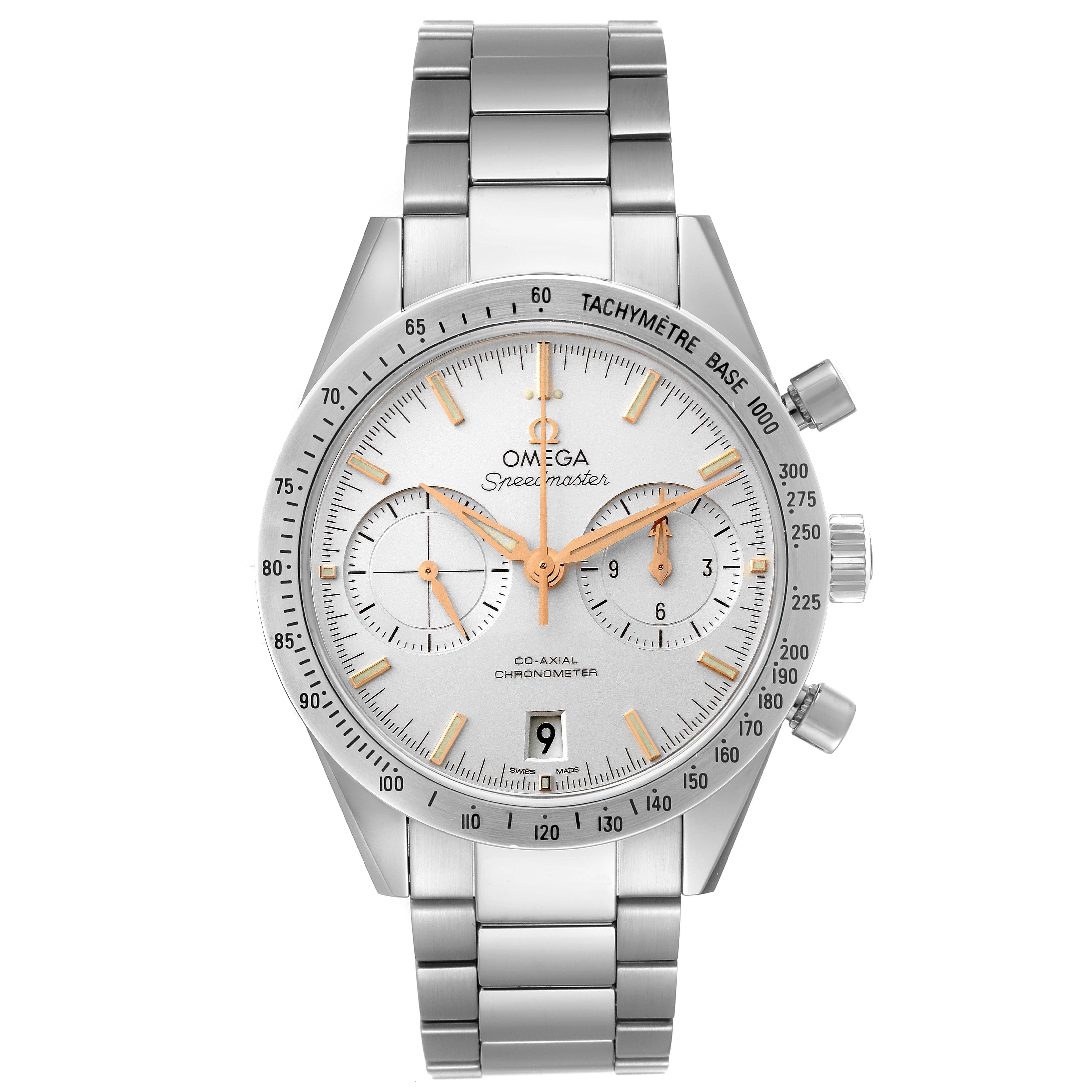 Front view of the Omega Speedmaster 331.10.42.51.02.002 Men
s Stainless Steel Silver Dial 331.10.42.51.02.002 Men
s Stainless Steel Silver Dial showing its dial, tachymeter bezel, chronograph subdials, and metal bracelet.