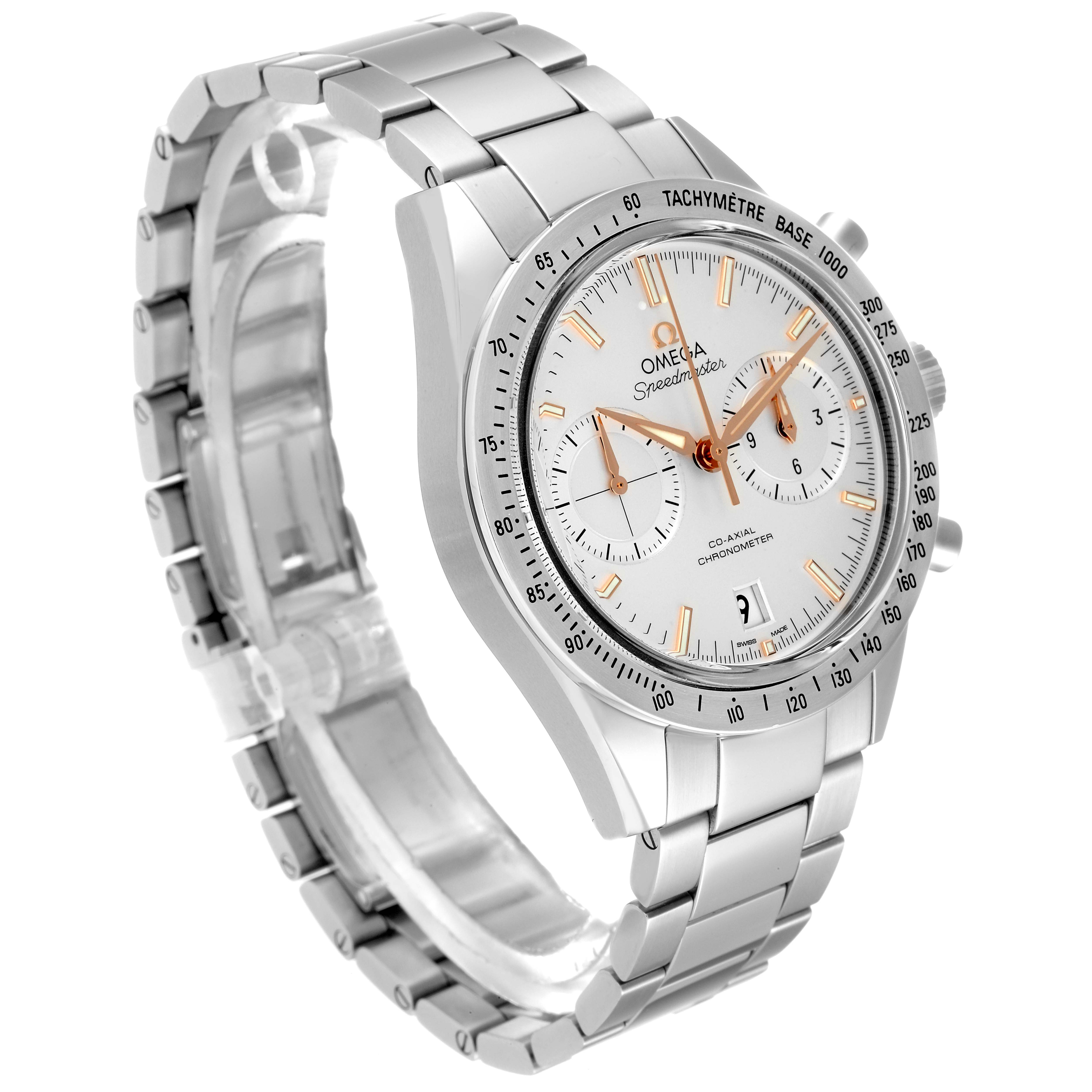 The Omega Speedmaster 331.10.42.51.02.002 Men
s Stainless Steel Silver Dial 331.10.42.51.02.002 Men
s Stainless Steel Silver Dial watch is shown at a three-quarter angle, highlighting the face, tachymeter, and metal bracelet.