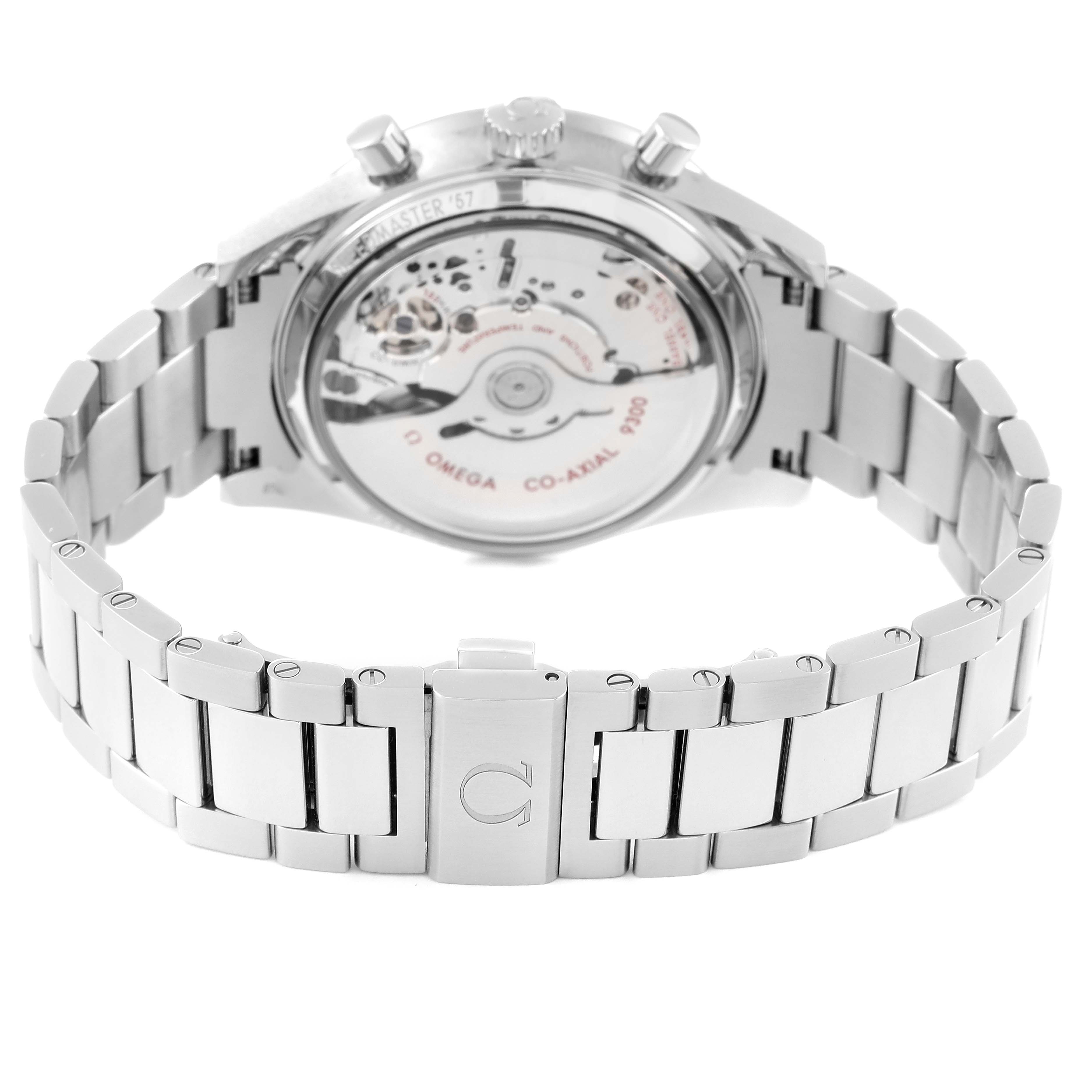 The image shows the case back and bracelet of an Omega Speedmaster 331.10.42.51.02.002 Men
s Stainless Steel Silver Dial 331.10.42.51.02.002 Men
s Stainless Steel Silver Dial, highlighting the movement and clasp.