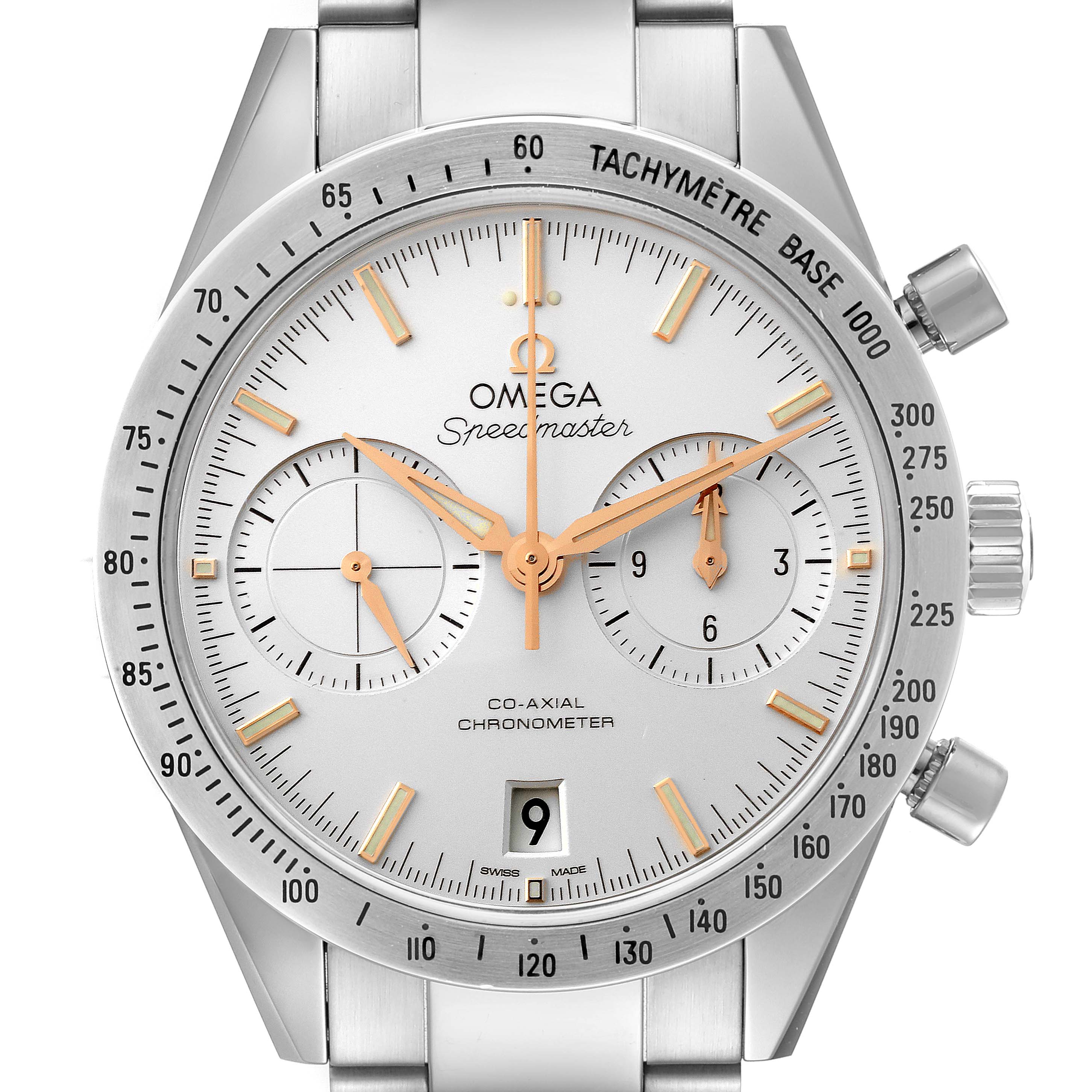 The image shows a front view of the Omega Speedmaster 331.10.42.51.02.002 Men
s Stainless Steel Silver Dial 331.10.42.51.02.002 Men
s Stainless Steel Silver Dial watch face with a tachymeter bezel, sub-dials, and date window.