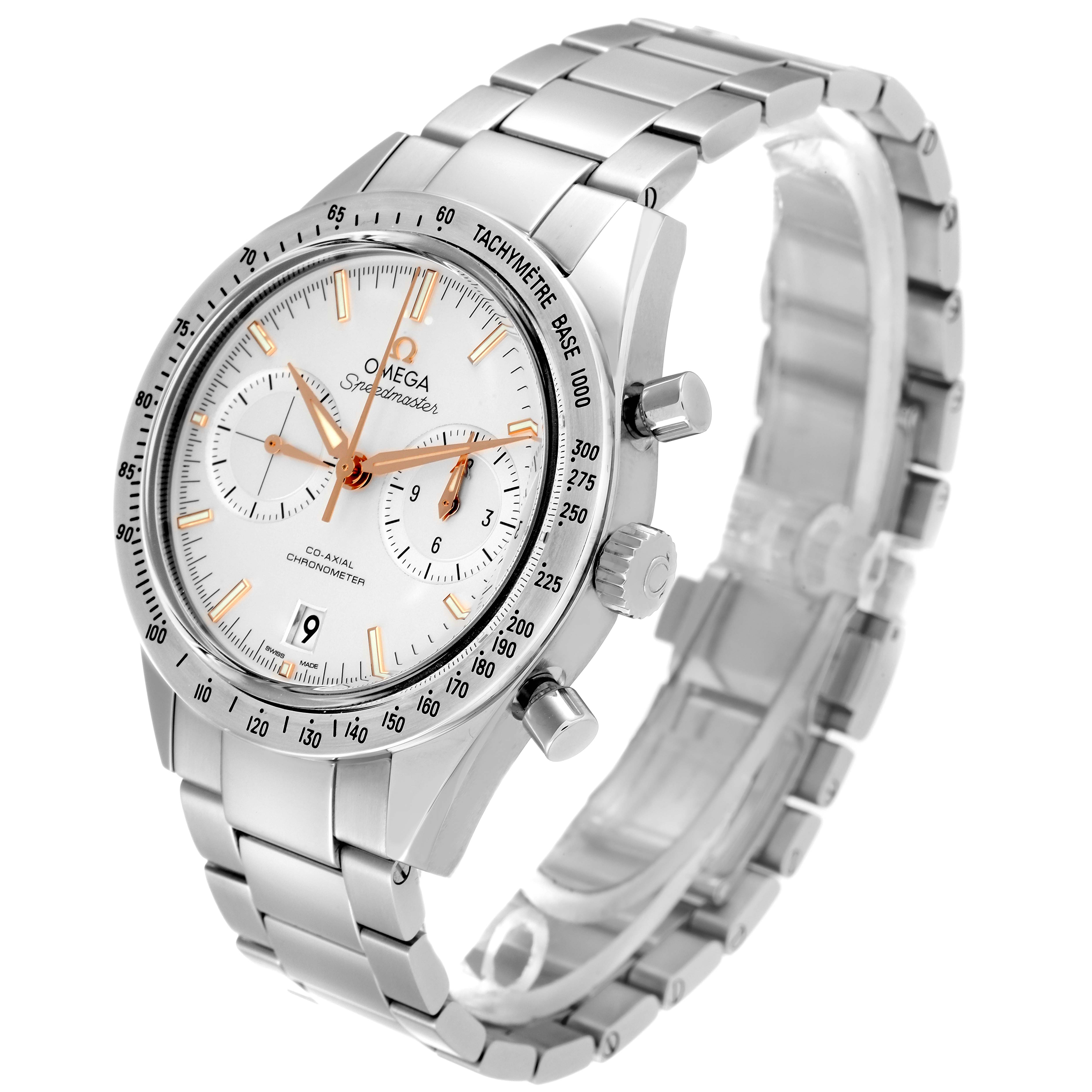 The Omega Speedmaster 331.10.42.51.02.002 Men
s Stainless Steel Silver Dial 331.10.42.51.02.002 Men
s Stainless Steel Silver Dial watch is shown at a 3/4 angle, showcasing the dial, stainless steel bracelet, crown, and chronograph pushers.