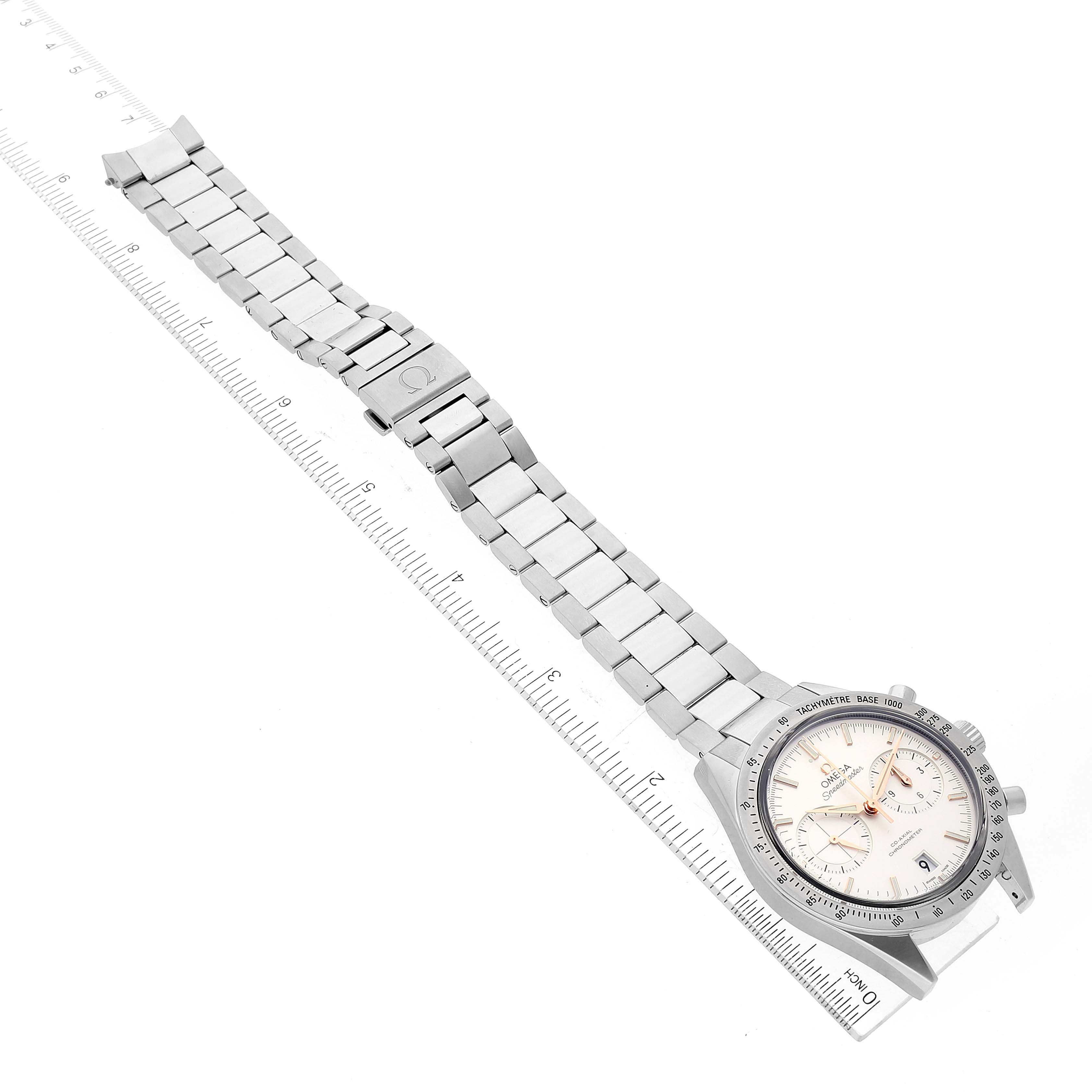 The Omega Speedmaster 331.10.42.51.02.002 Men
s Stainless Steel Silver Dial 331.10.42.51.02.002 Men
s Stainless Steel Silver Dial watch is shown from a top-down angle, highlighting the face, bezel, and full metal bracelet.