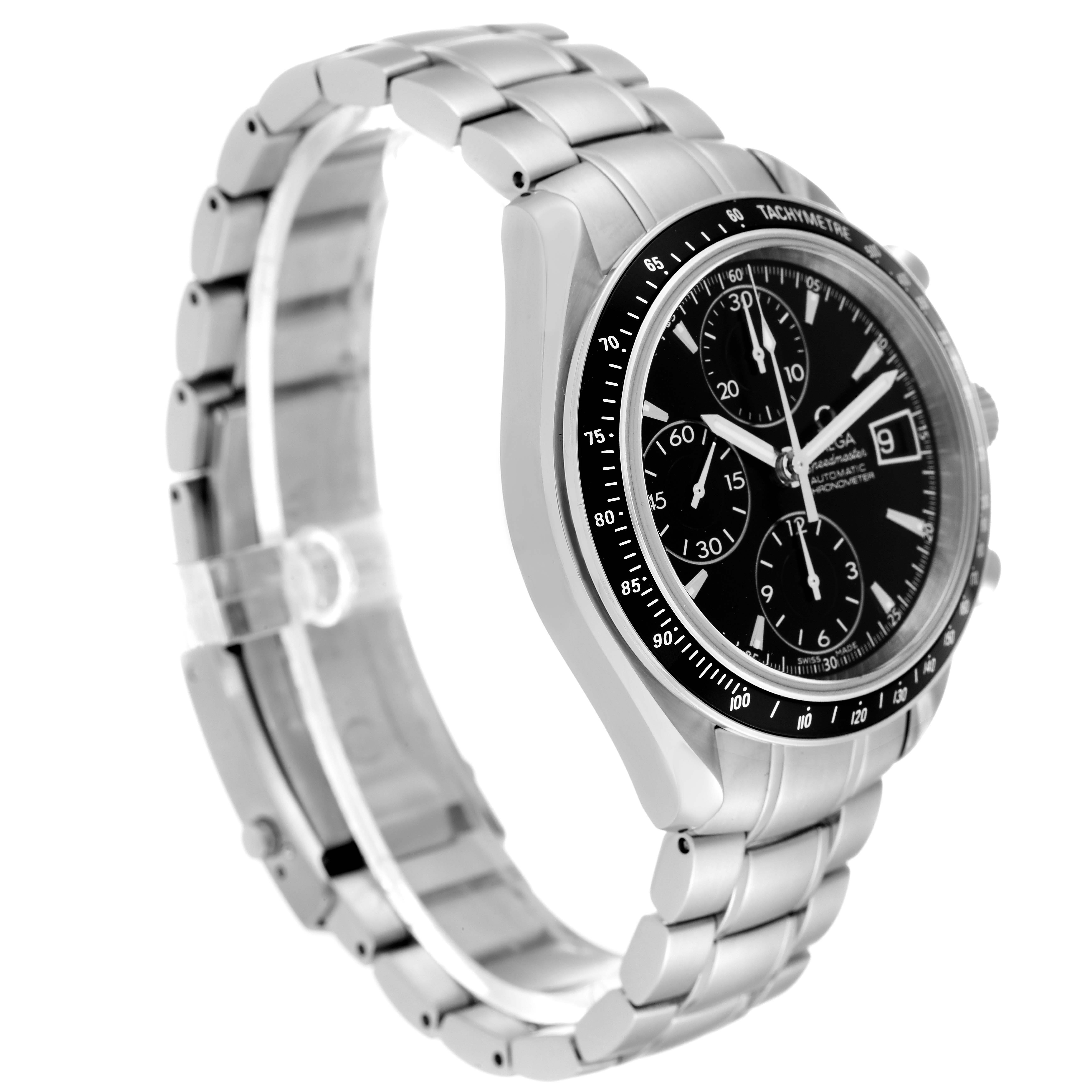 The image shows an Omega Speedmaster 3210.50.00 Men
s Stainless Steel Black Dial 3210.50.00 Men
s Stainless Steel Black Dial watch at a three-quarter angle, highlighting its face, case, and bracelet.