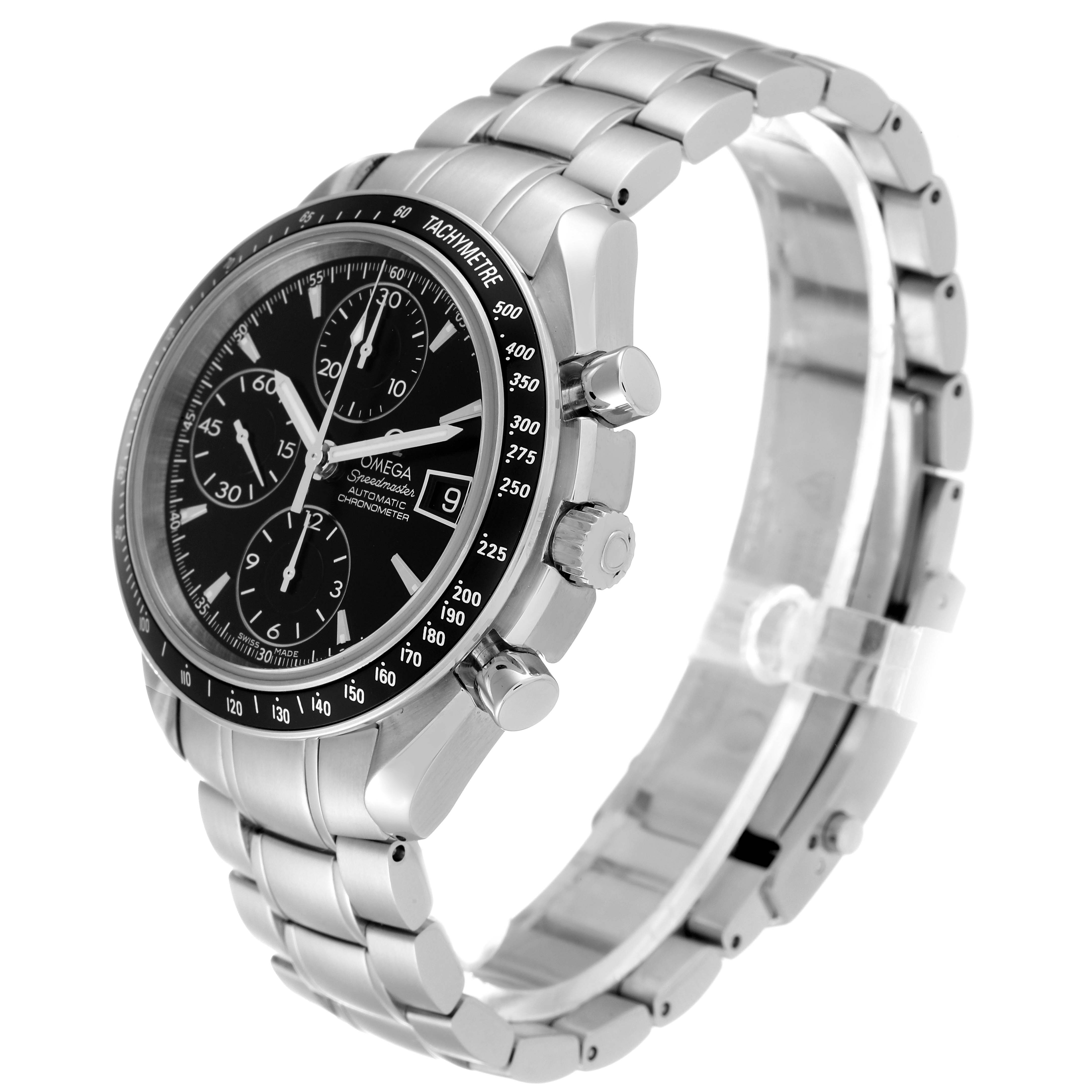 This image shows the Omega Speedmaster 3210.50.00 Men
s Stainless Steel Black Dial 3210.50.00 Men
s Stainless Steel Black Dial watch at a three-quarter angle, highlighting its face, bezel, pushers, and bracelet.