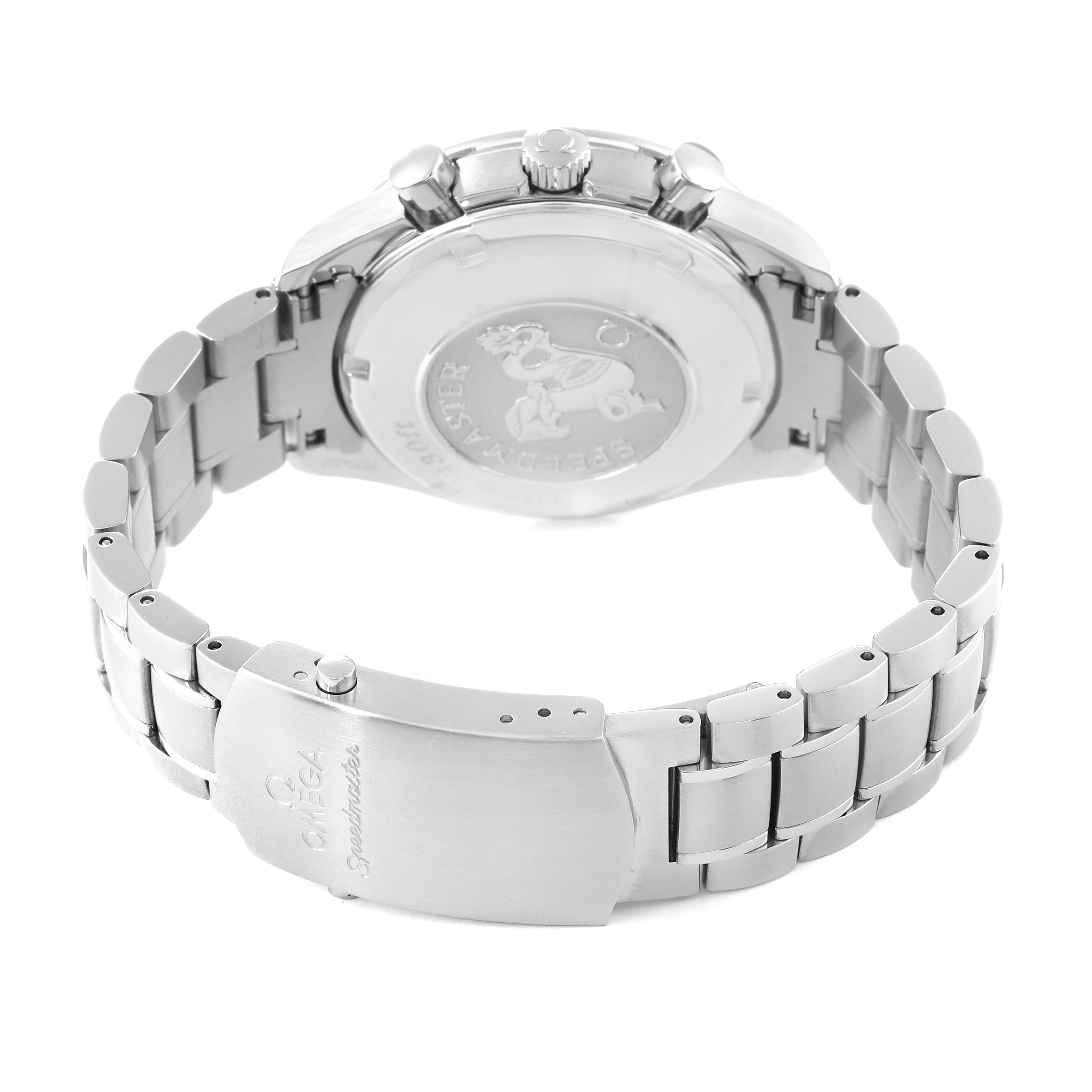 This image shows the back view and clasp of the Omega Speedmaster 3210.50.00 Men
s Stainless Steel Black Dial 3210.50.00 Men
s Stainless Steel Black Dial watch, highlighting its stainless steel bracelet.