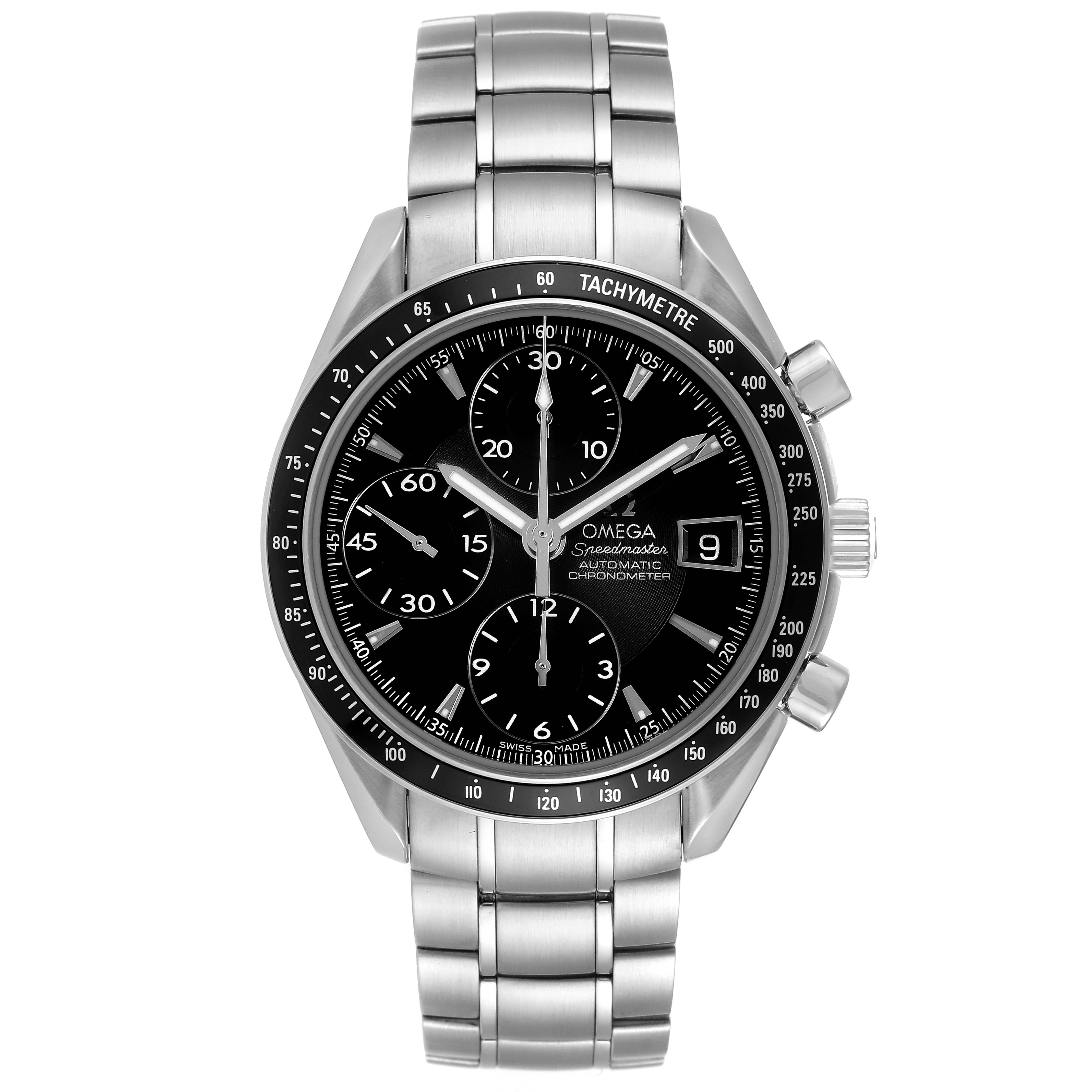 The image shows a front view of an Omega Speedmaster 3210.50.00 Men
s Stainless Steel Black Dial 3210.50.00 Men
s Stainless Steel Black Dial watch with its stainless steel case, bracelet, and chronograph dial.