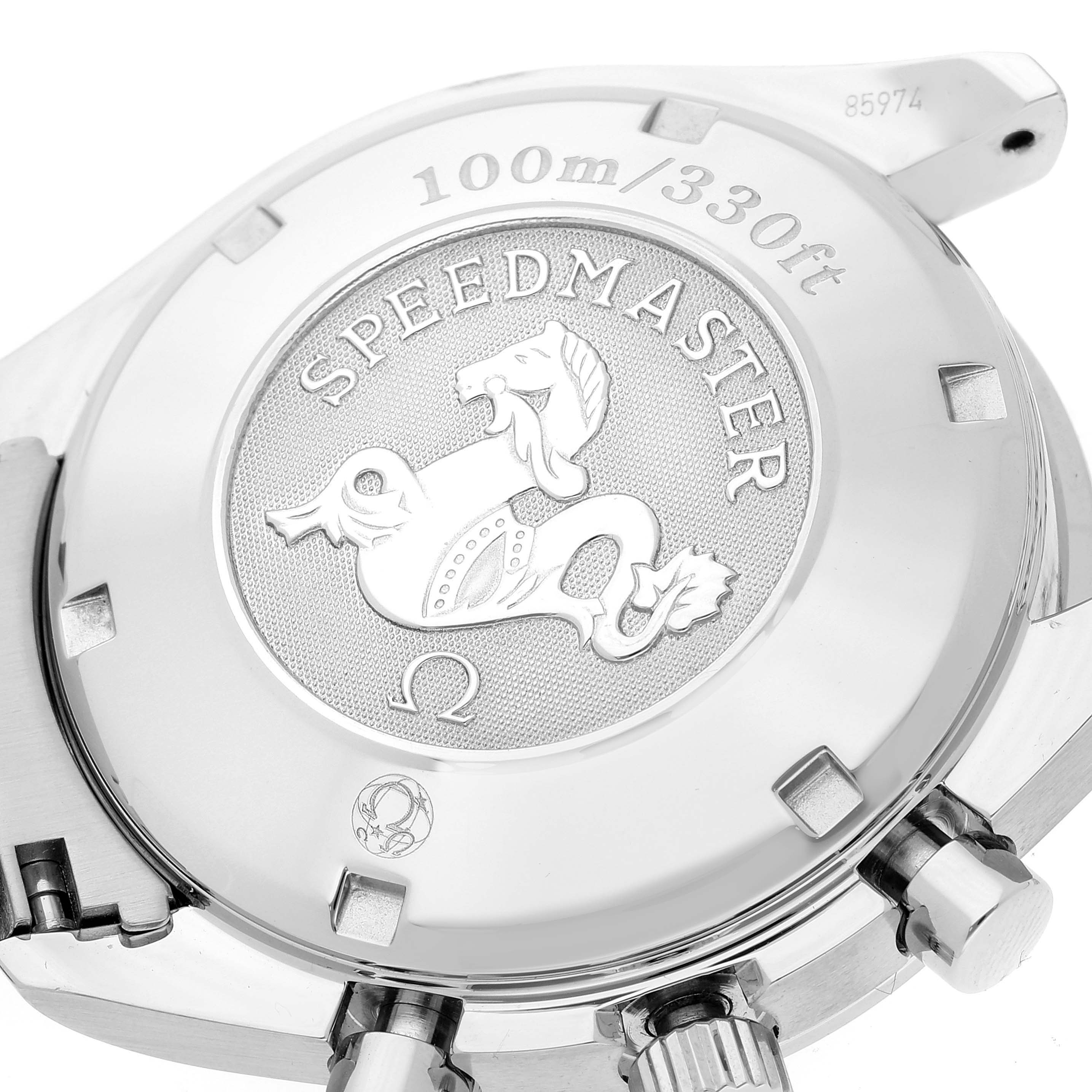 The image shows the case back of an Omega Speedmaster 3210.50.00 Men
s Stainless Steel Black Dial 3210.50.00 Men
s Stainless Steel Black Dial watch, indicating water resistance of 100m/330ft.