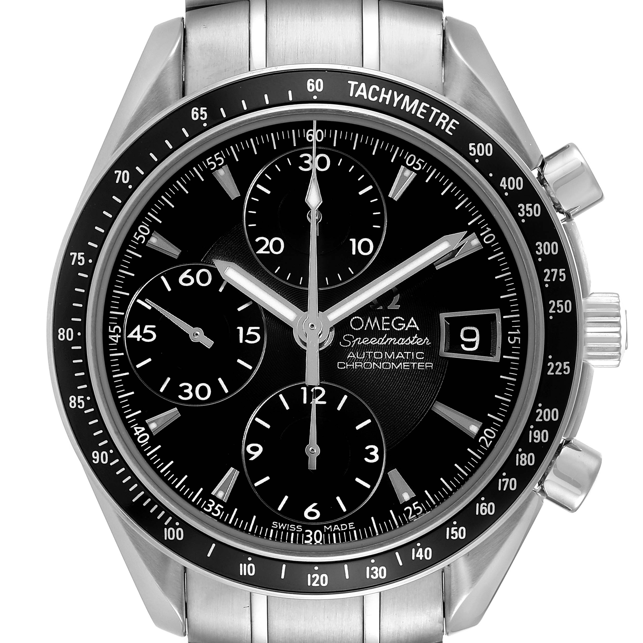 This is a frontal view of the Omega Speedmaster 3210.50.00 Men
s Stainless Steel Black Dial 3210.50.00 Men
s Stainless Steel Black Dial watch, showing the dial, chronograph subdials, bezel, and part of the bracelet.