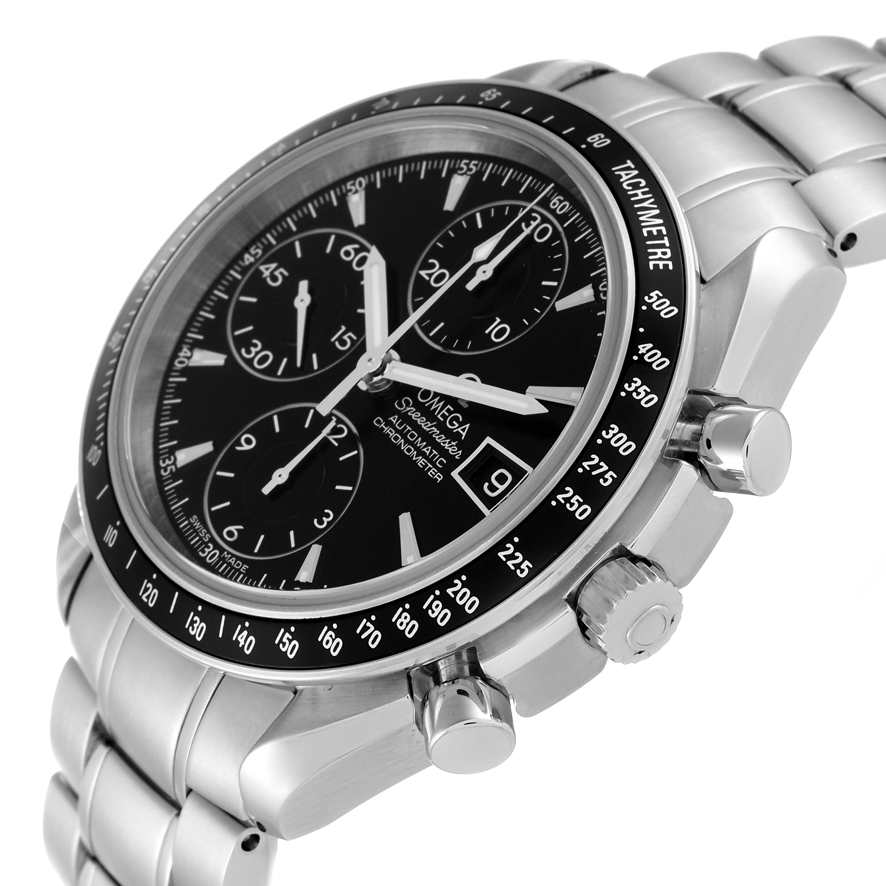 The image shows a side view of an Omega Speedmaster 3210.50.00 Men
s Stainless Steel Black Dial 3210.50.00 Men
s Stainless Steel Black Dial watch, highlighting its case, dial, subdials, and metal bracelet.