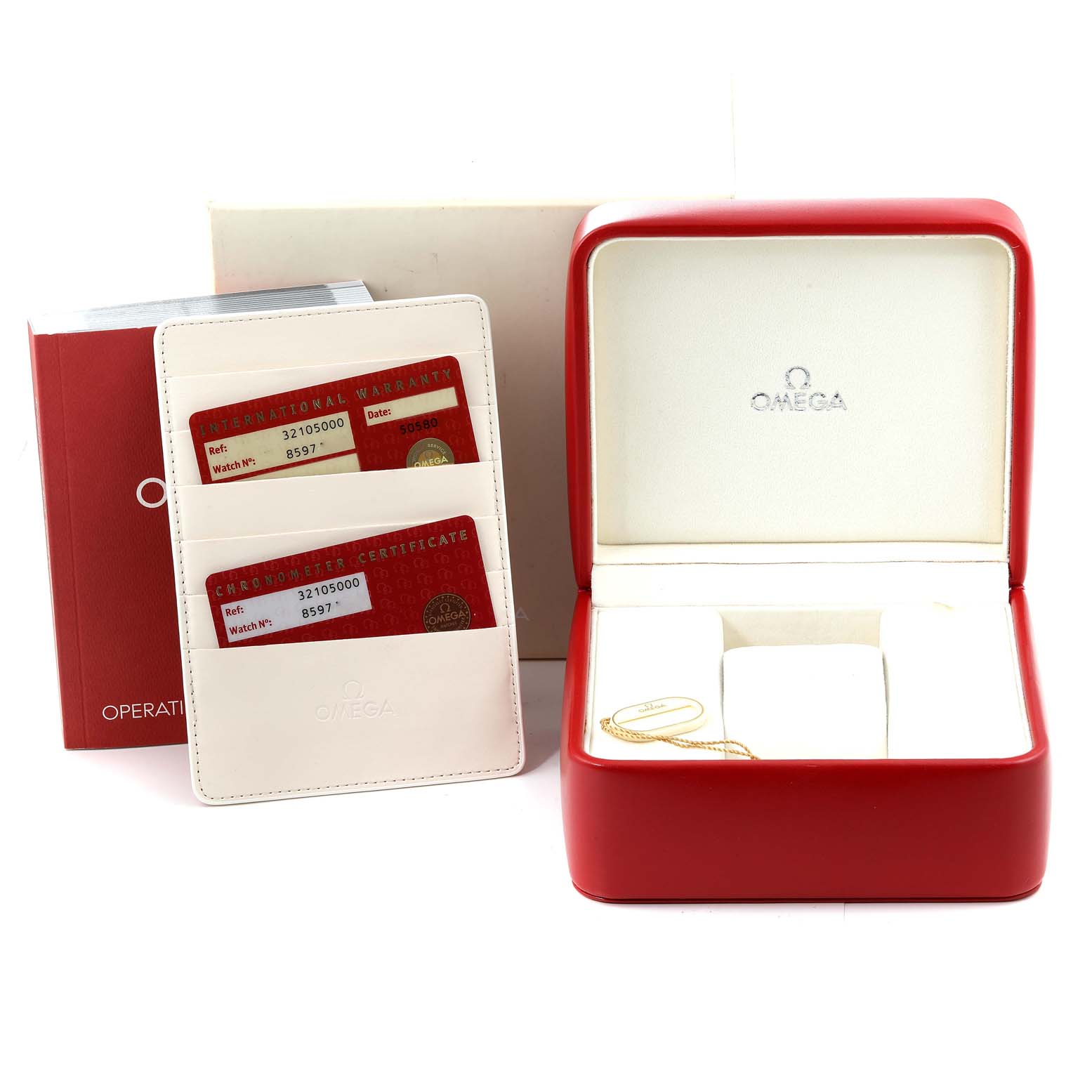 The image shows an Omega Speedmaster 3210.50.00 Men
s Stainless Steel Black Dial 3210.50.00 Men
s Stainless Steel Black Dial watch box, warranty cards, operating instructions, and cardholder.